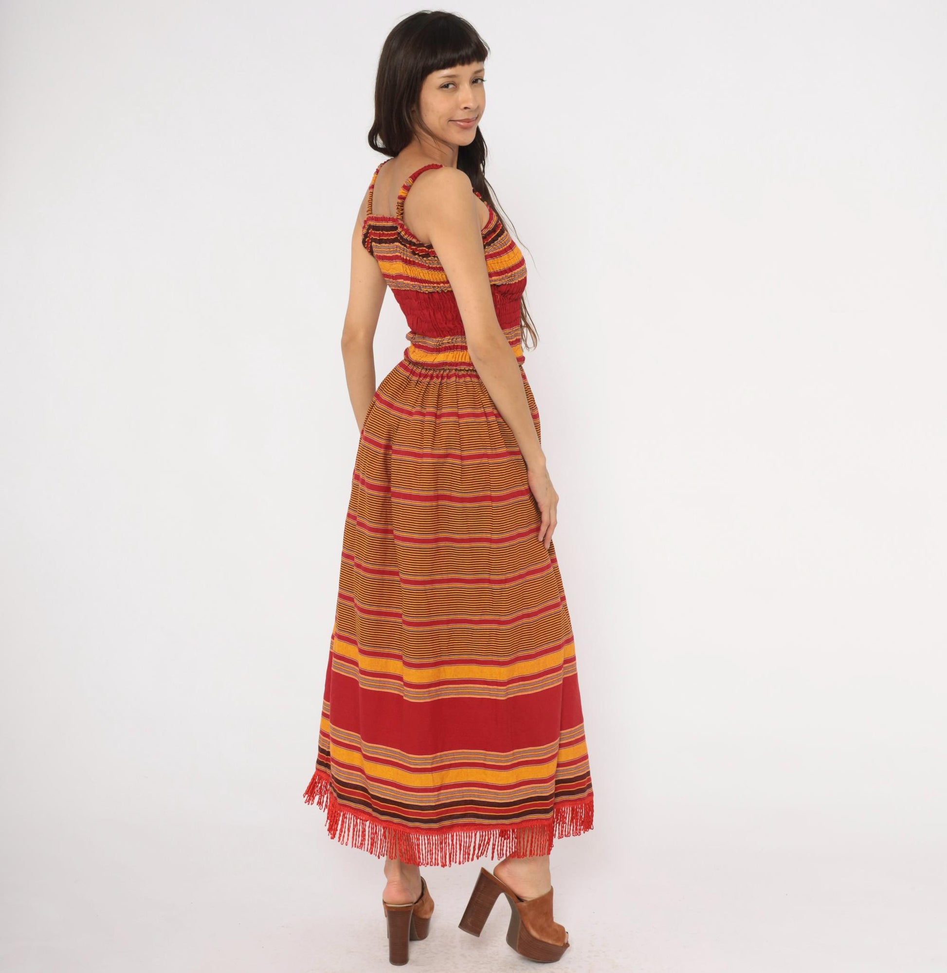 90s Striped Smocked Sundress Red Gold Fringe Hem Cotton Small
