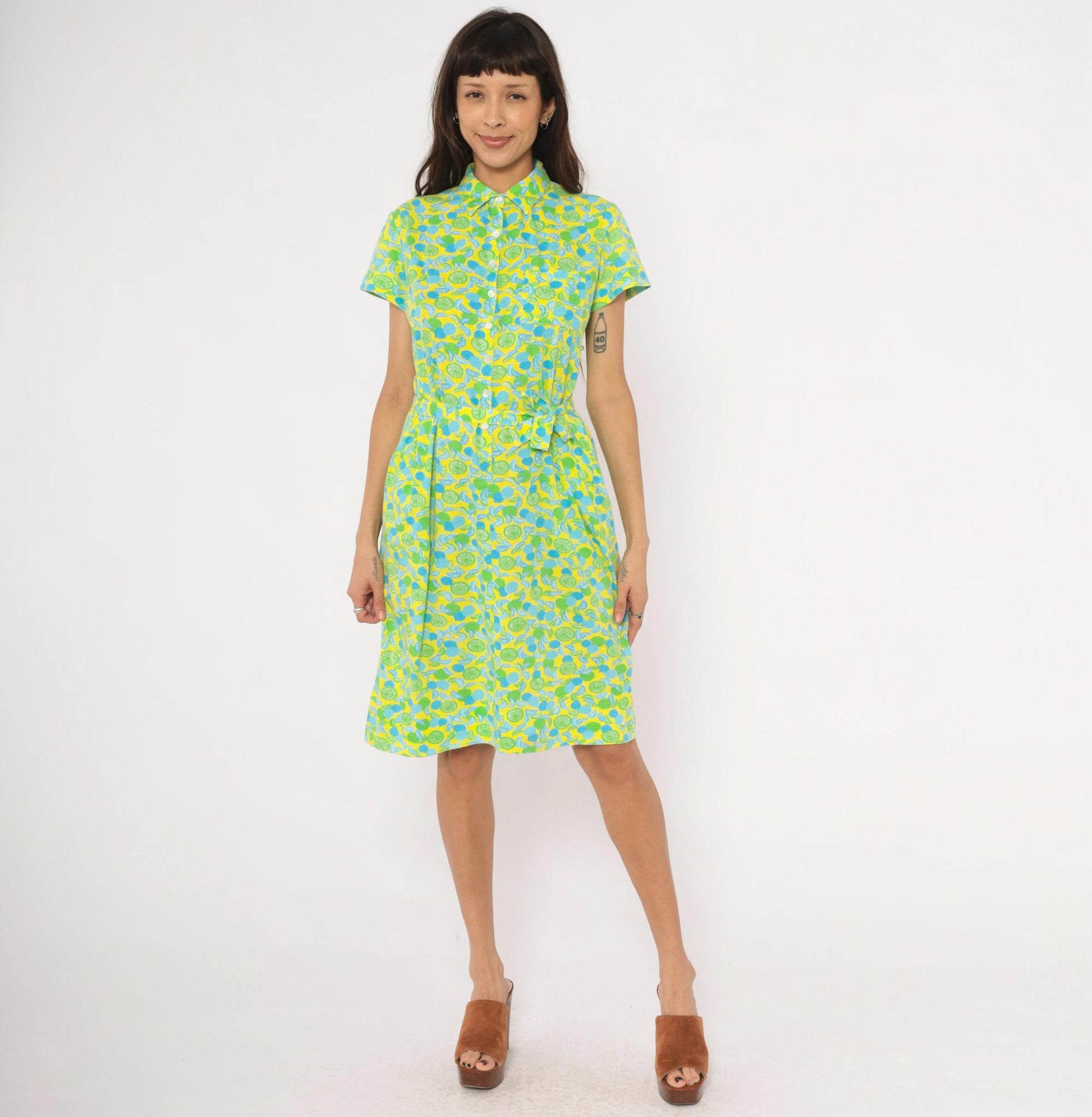The Lilly Citrus Print Shirtdress Yellow Green Blue Knee-Length Cotton Medium