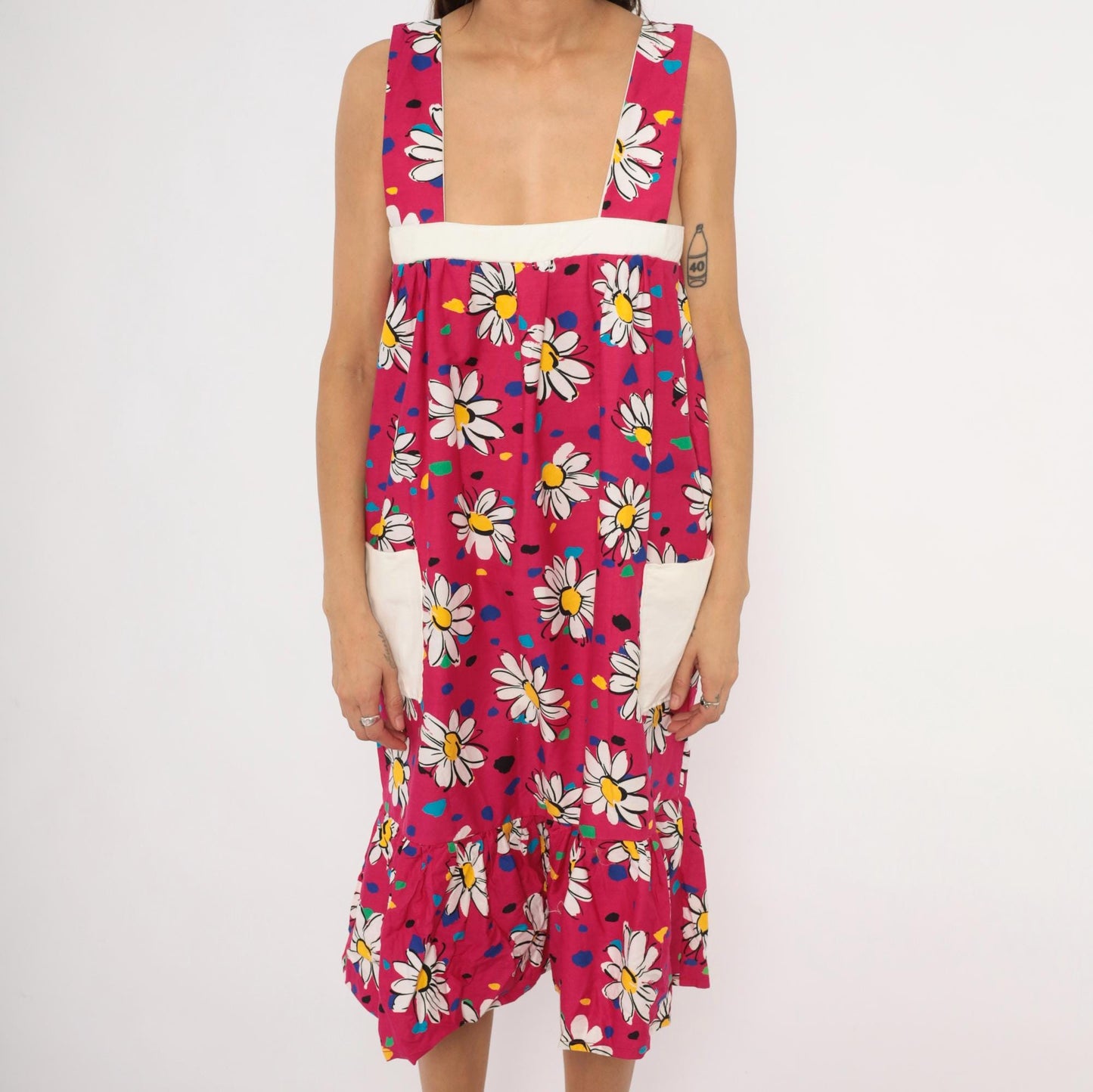 90s Fuchsia Daisy Print Cotton Sundress Square Neck Ruffle Pockets Small