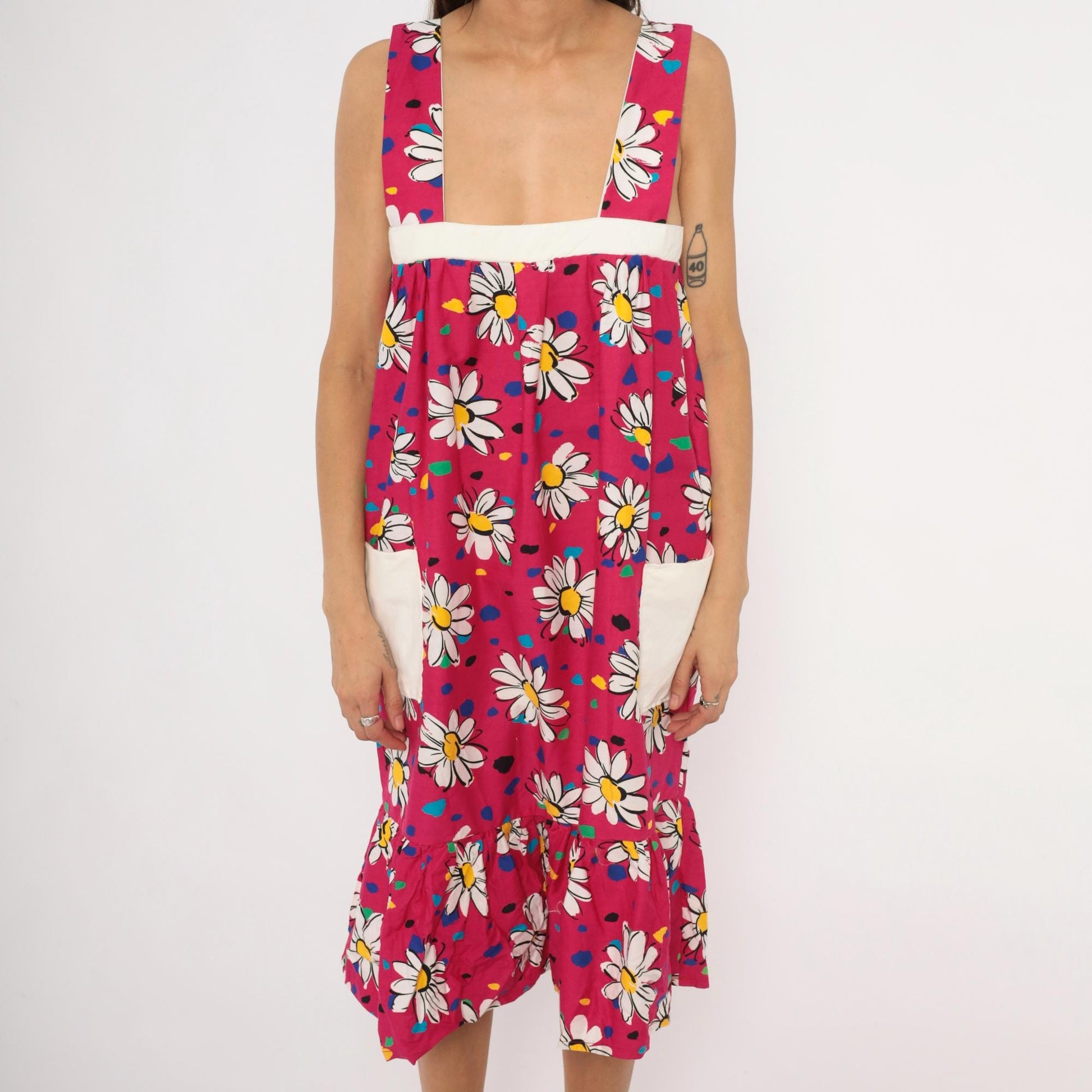 90s Fuchsia Daisy Print Cotton Sundress Square Neck Ruffle Pockets Small