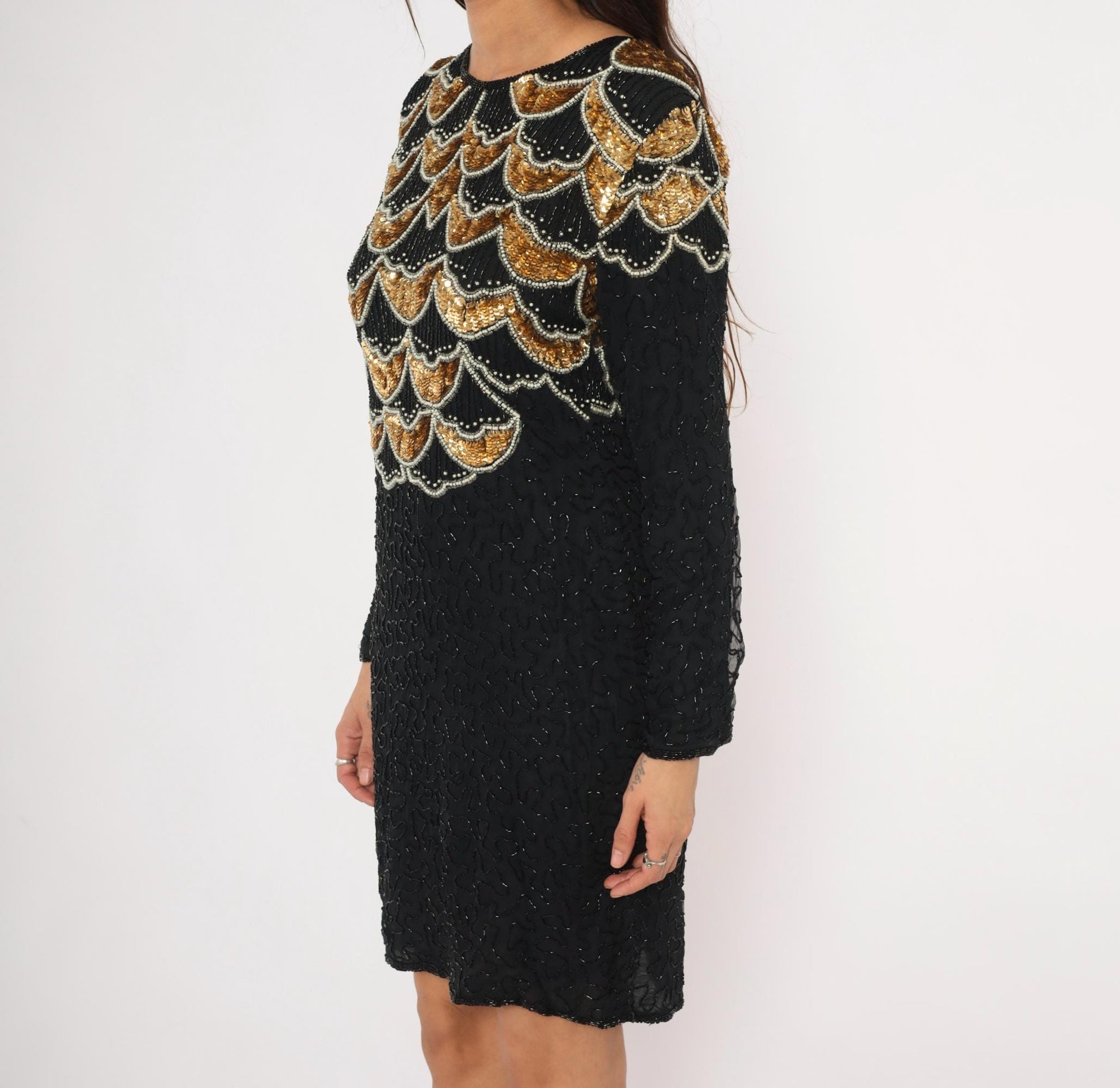 90s Carina Black Silk Mini Dress Gold Sequin Scallop Beaded Art Deco Large Petite