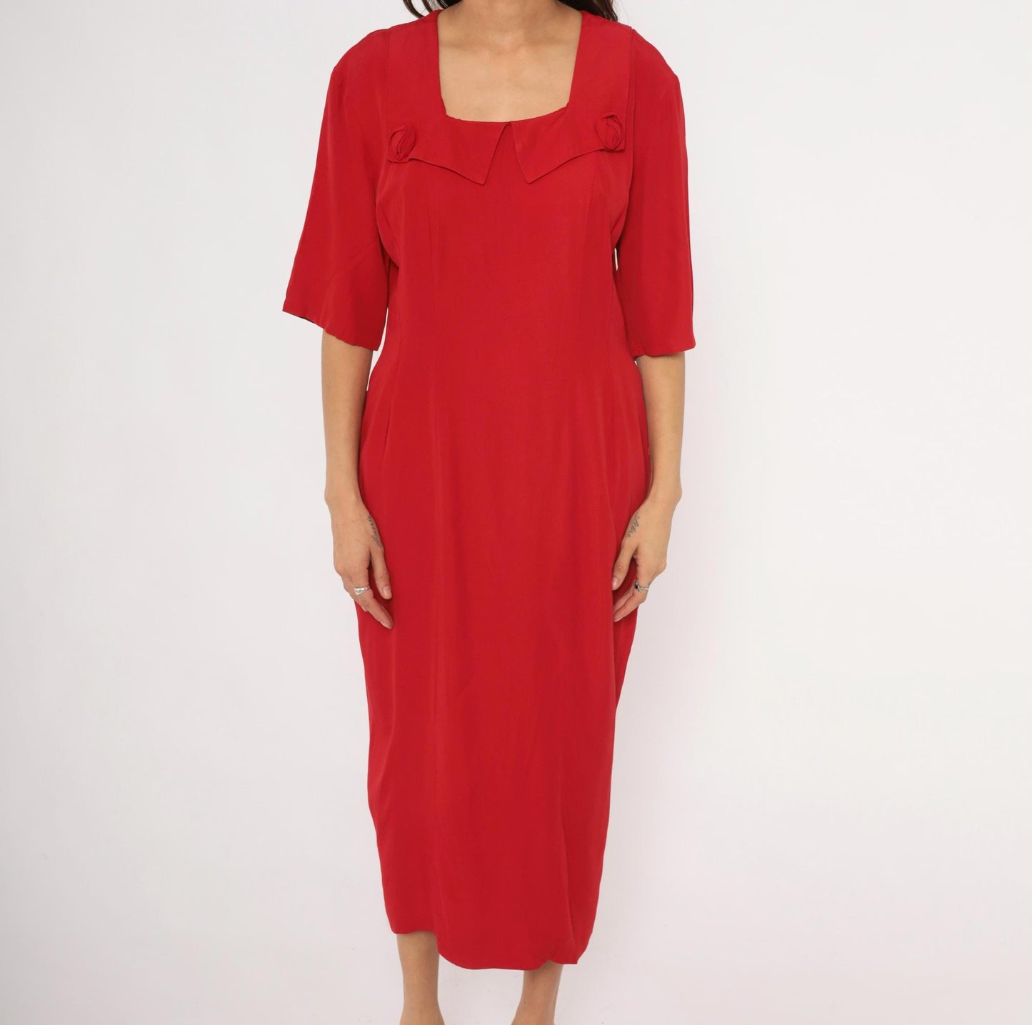 90s Atina Crimson Midi Dress Square Neckline Rosette Half Sleeve Large L