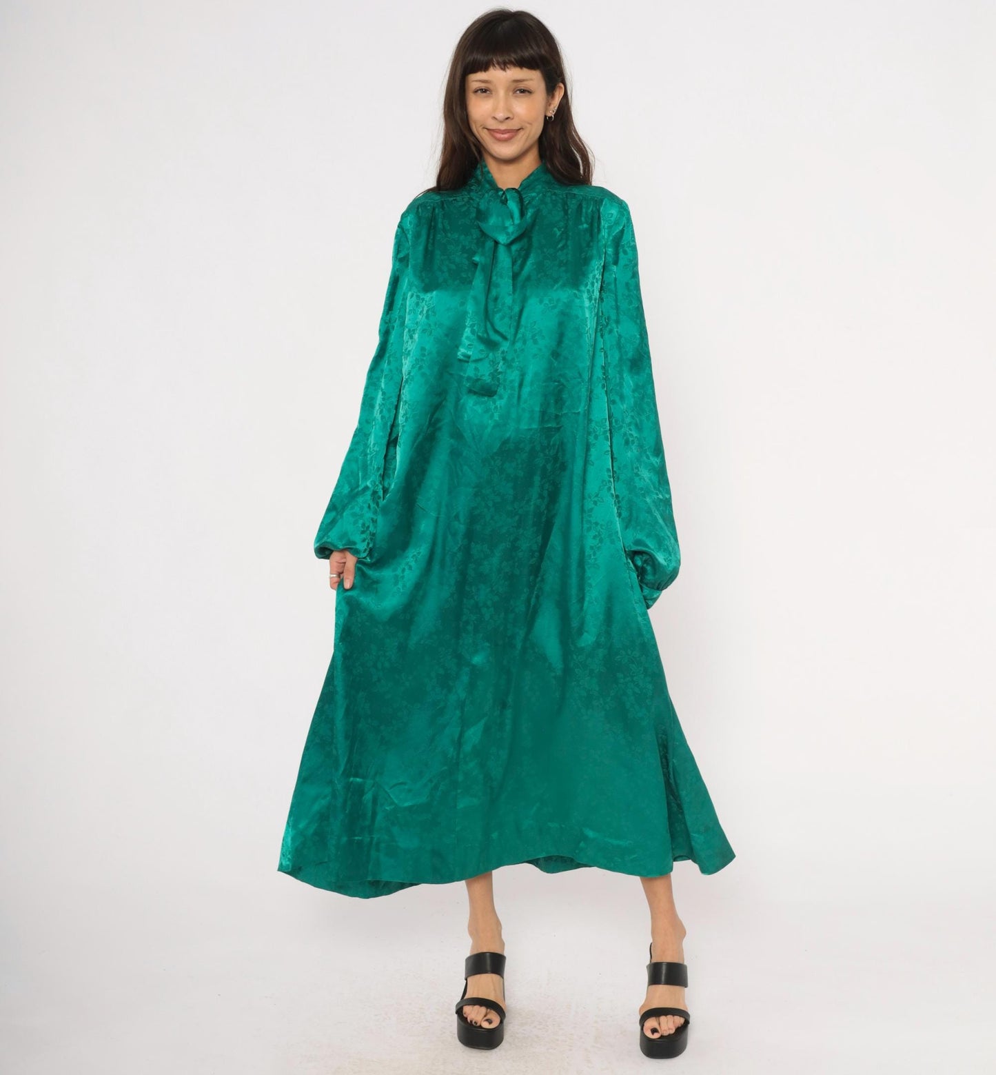 90s Teal Jacquard Maxi Dress Pussy Bow Balloon Sleeve Damask Emerald Extra Large