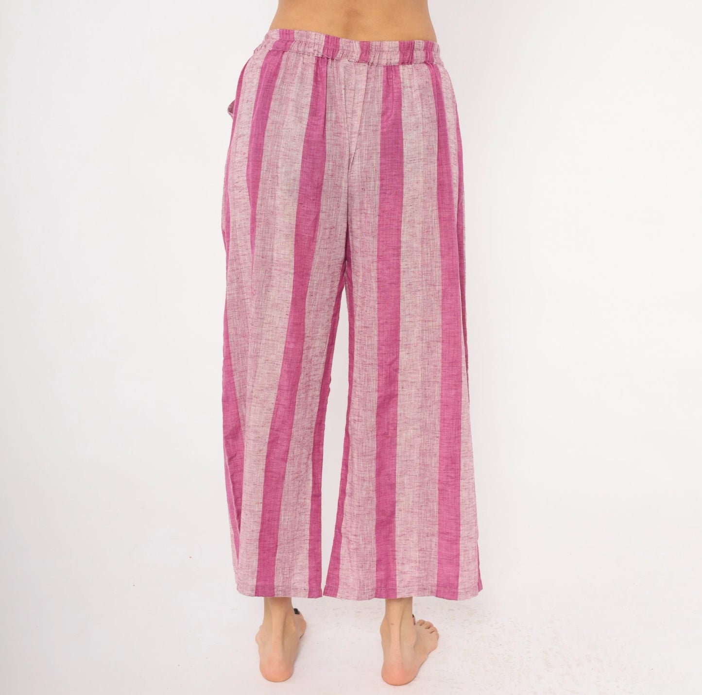 2000s Pink Plum Striped Wide Leg Cropped Pants Cotton Tie Waist Plus Size XXL
