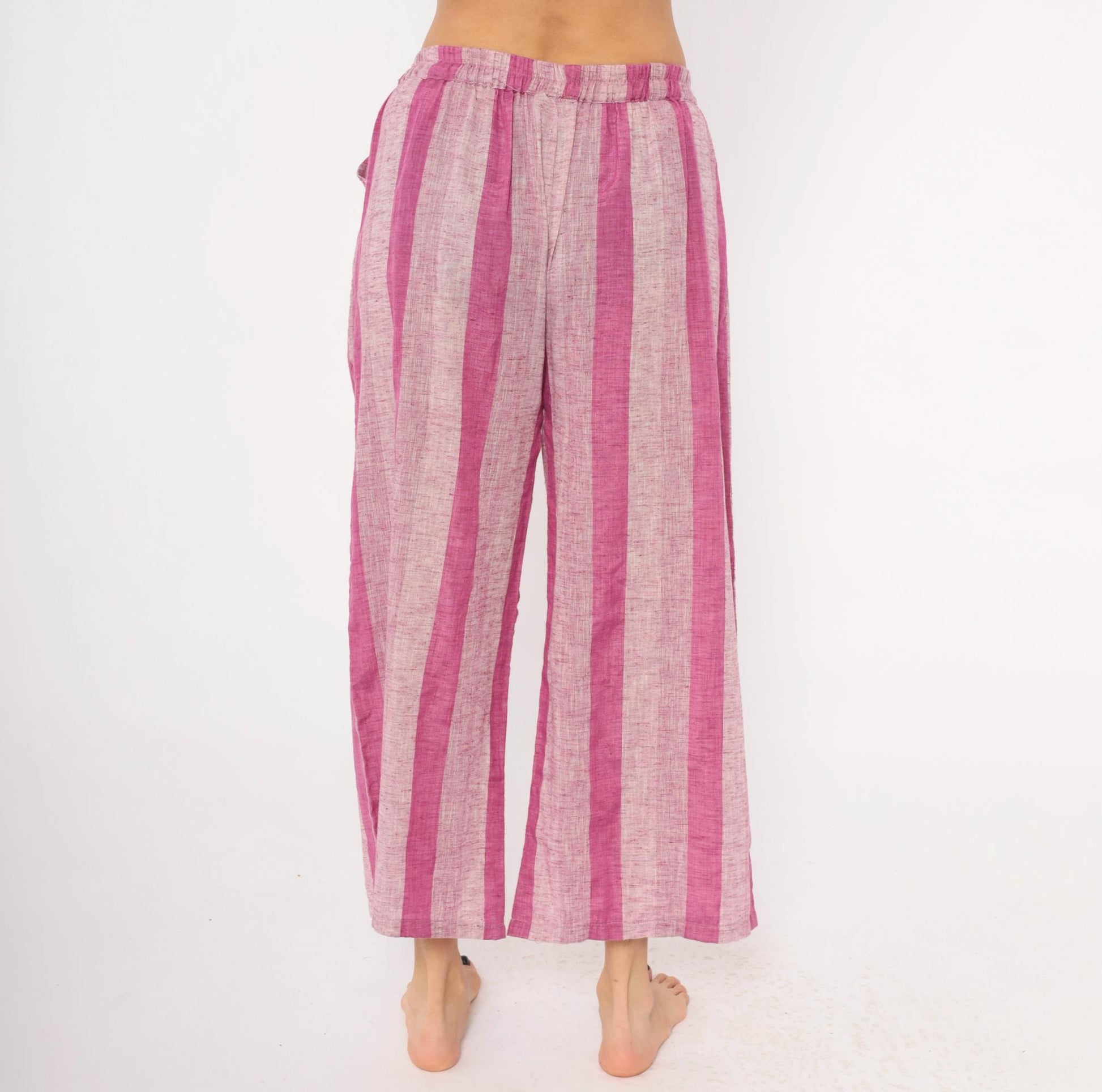 2000s Pink Plum Striped Wide Leg Cropped Pants Cotton Tie Waist Plus Size XXL