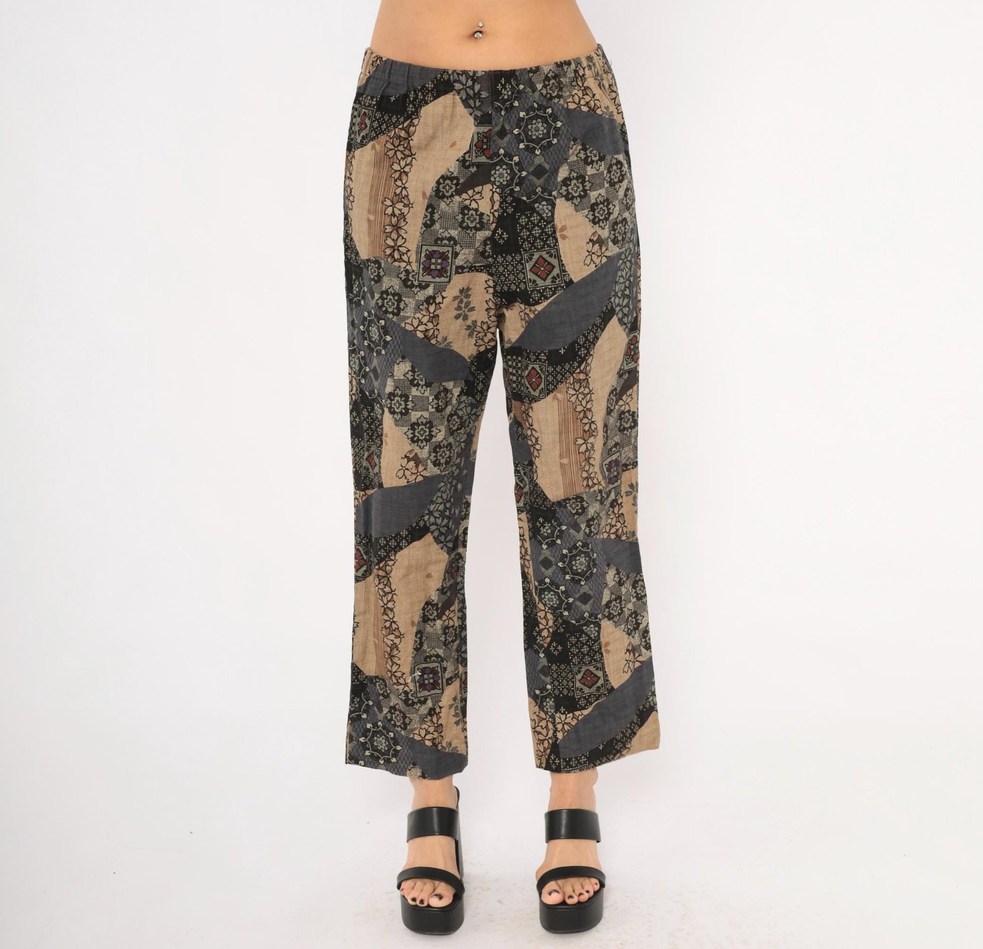 90s Patchwork Print Wide Leg Trousers Black Floral Geometric Elastic Waist Medium M