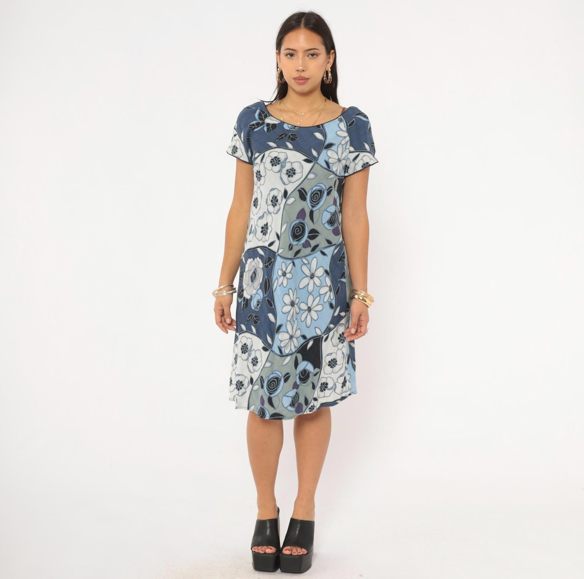 Y2K Iolani Patchwork Floral Mini Dress Navy Sky Blue Rayon Small