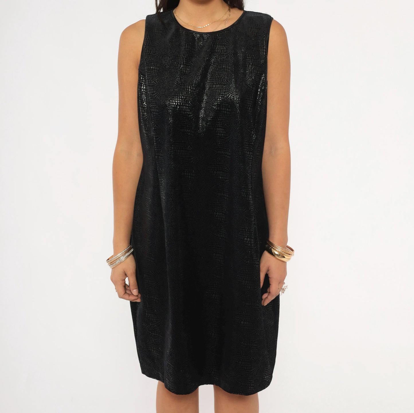 90s Robbie Bee Black Snakeskin Shift Dress Keyhole Back Knee Length Large L