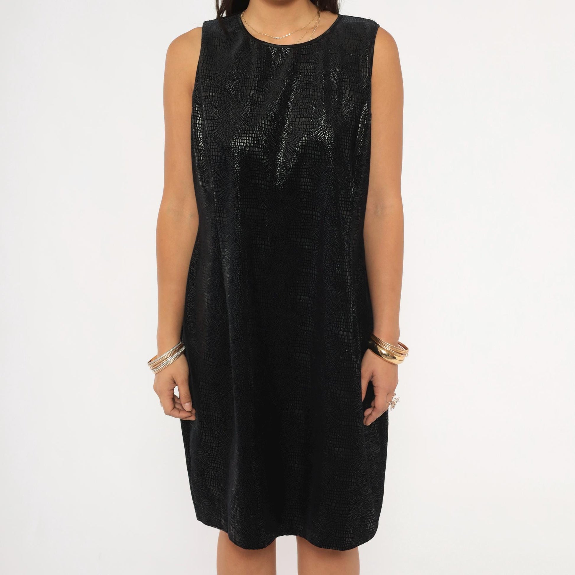90s Robbie Bee Black Snakeskin Shift Dress Keyhole Back Knee Length Large L