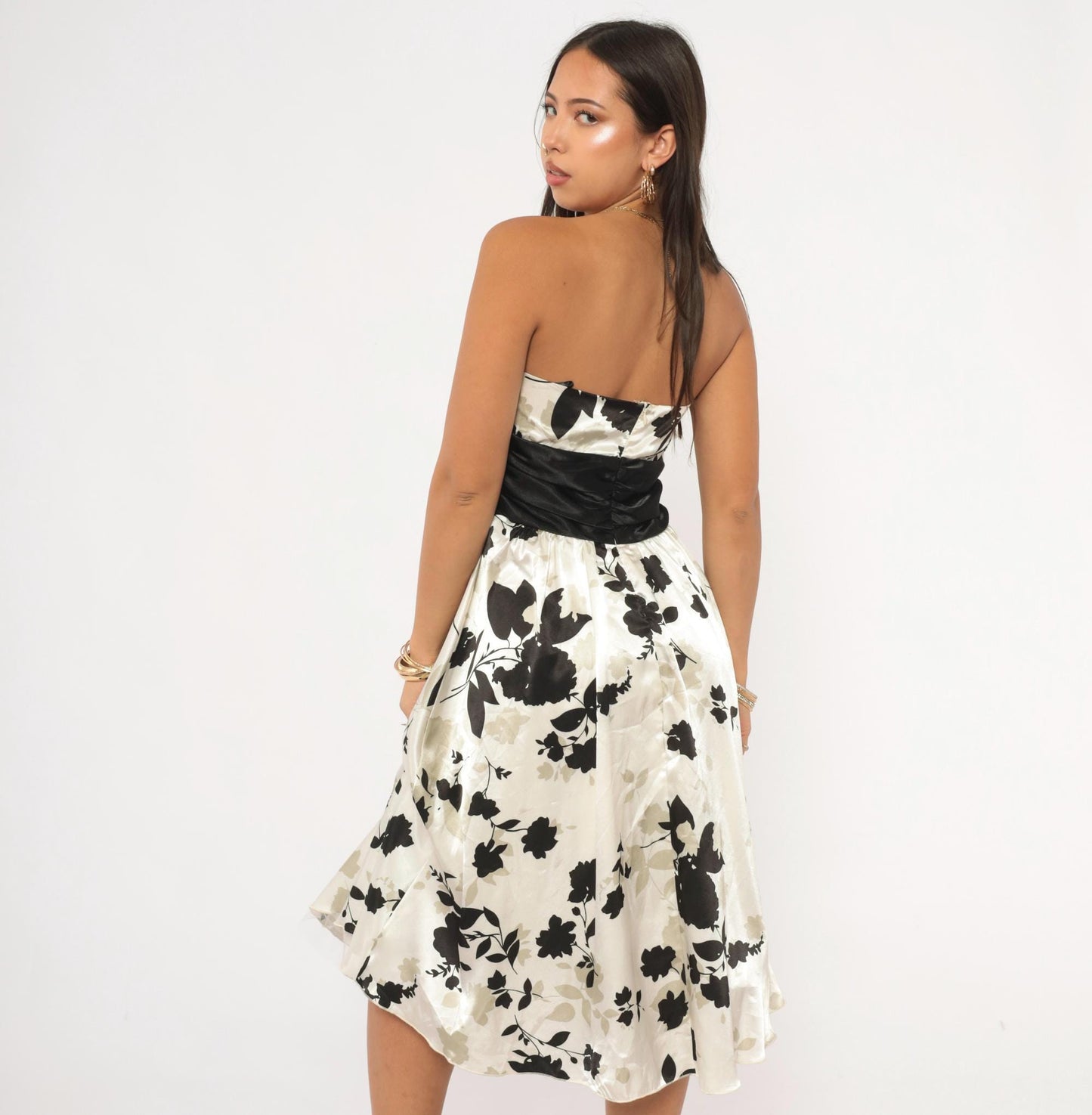 Y2K Intrigue Strapless Floral Mini Dress Black Cream Satin Empire Waist Medium