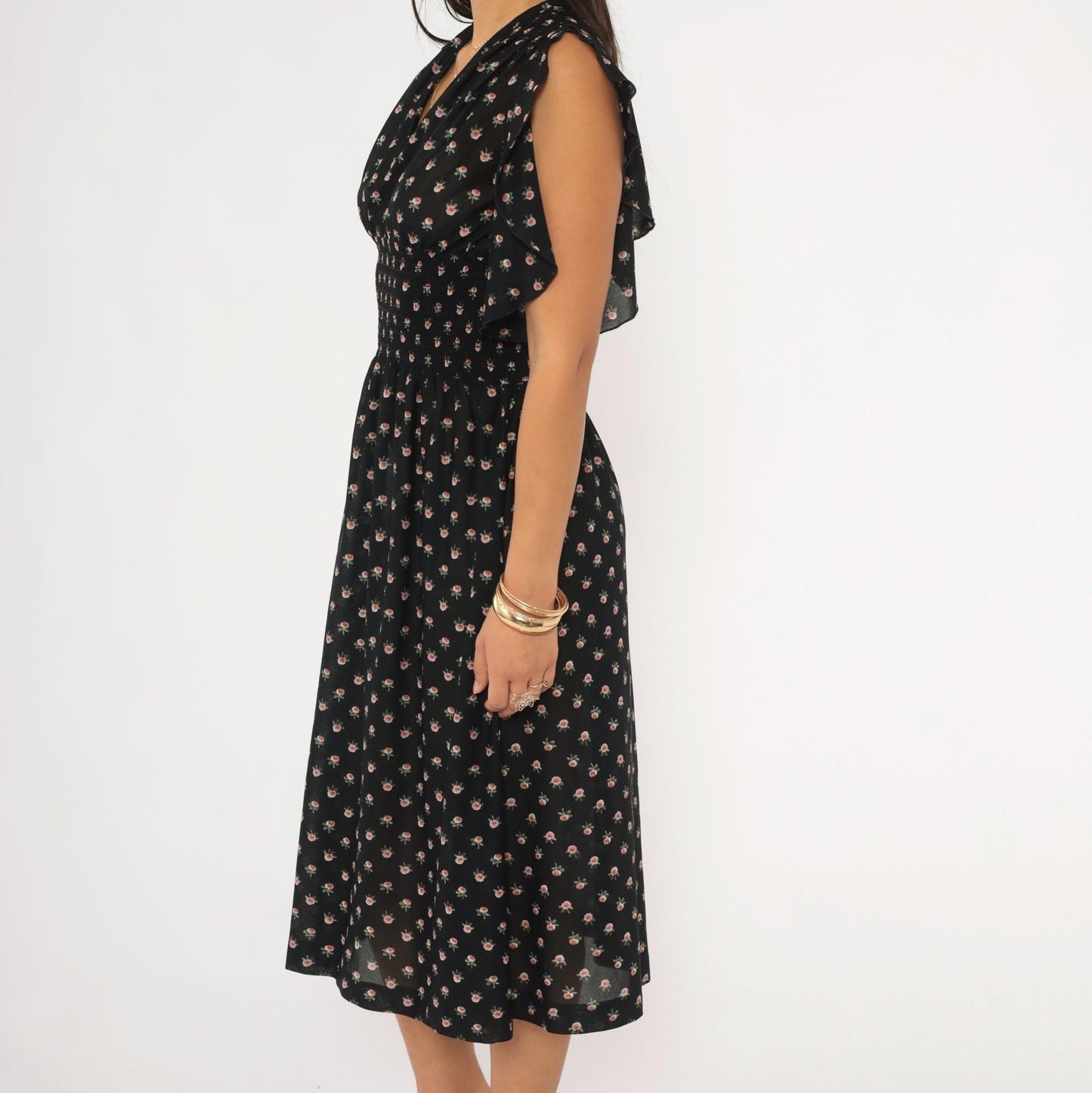 70s Act 1 New York Floral Midi Dress Flutter Sleeve Black Rose Print Small Medium