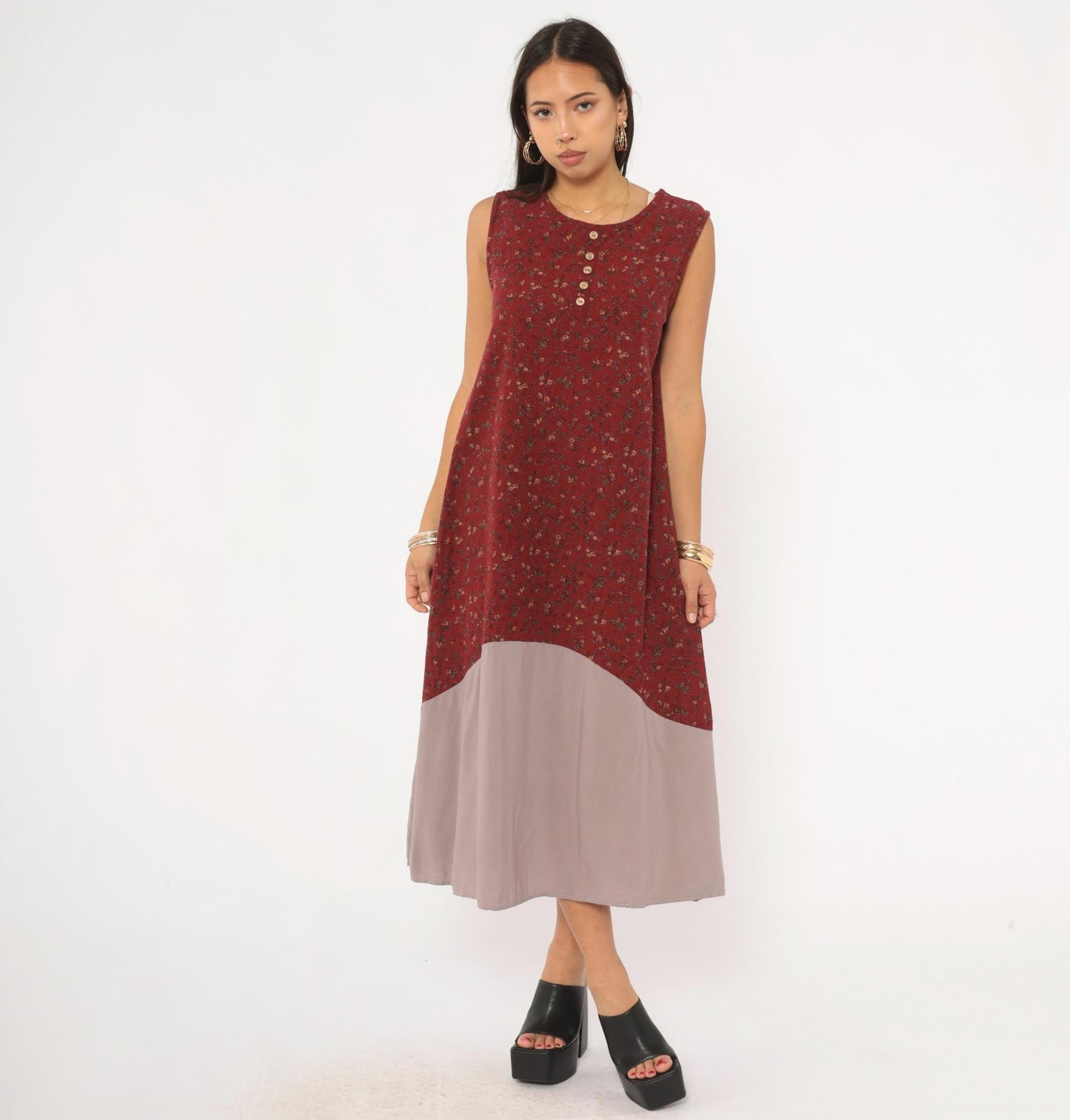 00s Burgundy Floral Ditsy Midi Dress Sleeveless Cotton Shift Small Medium