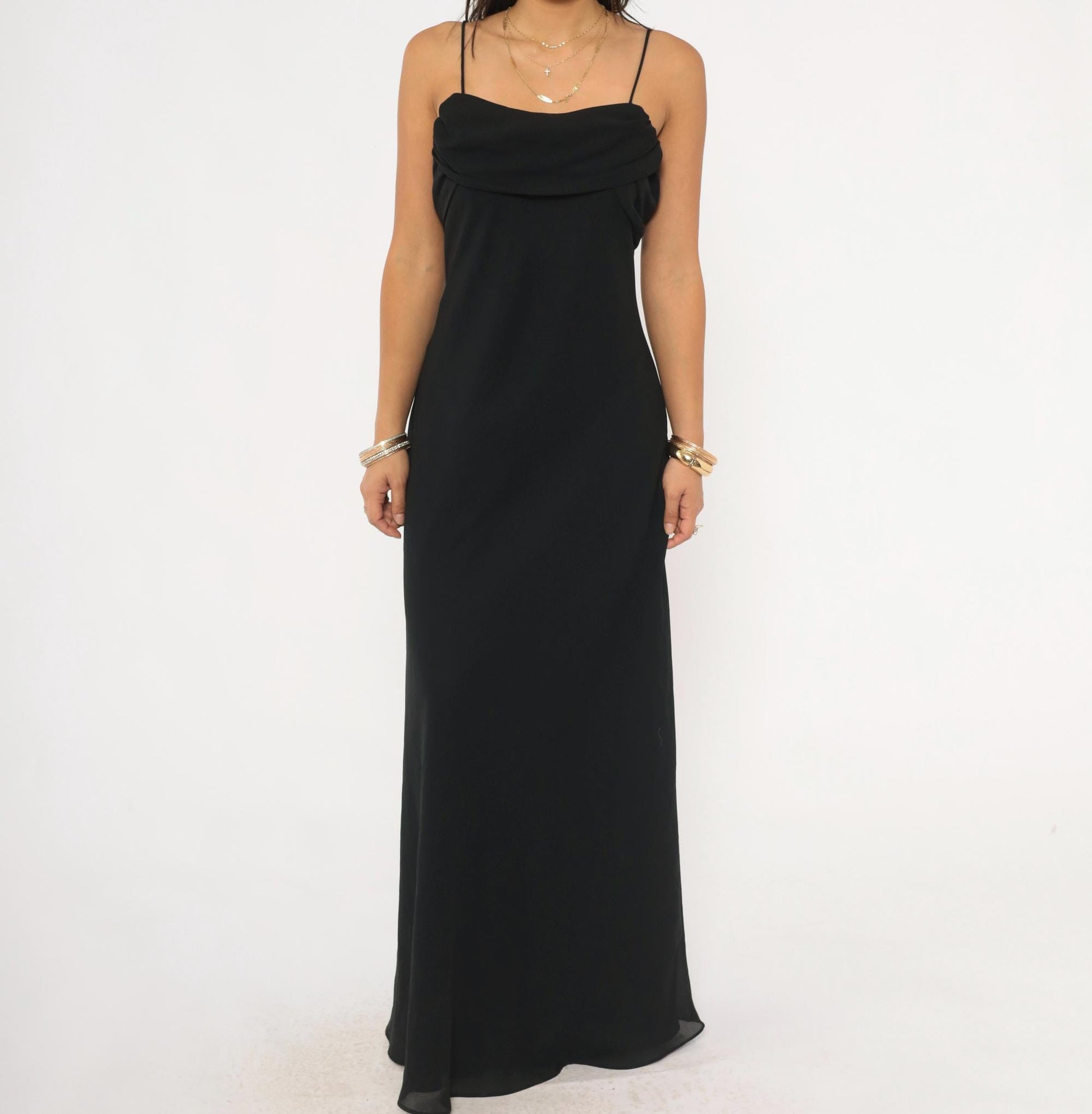 90s Betsy & Adam Black Cowl Neck Maxi Gown Ruched Back Medium M