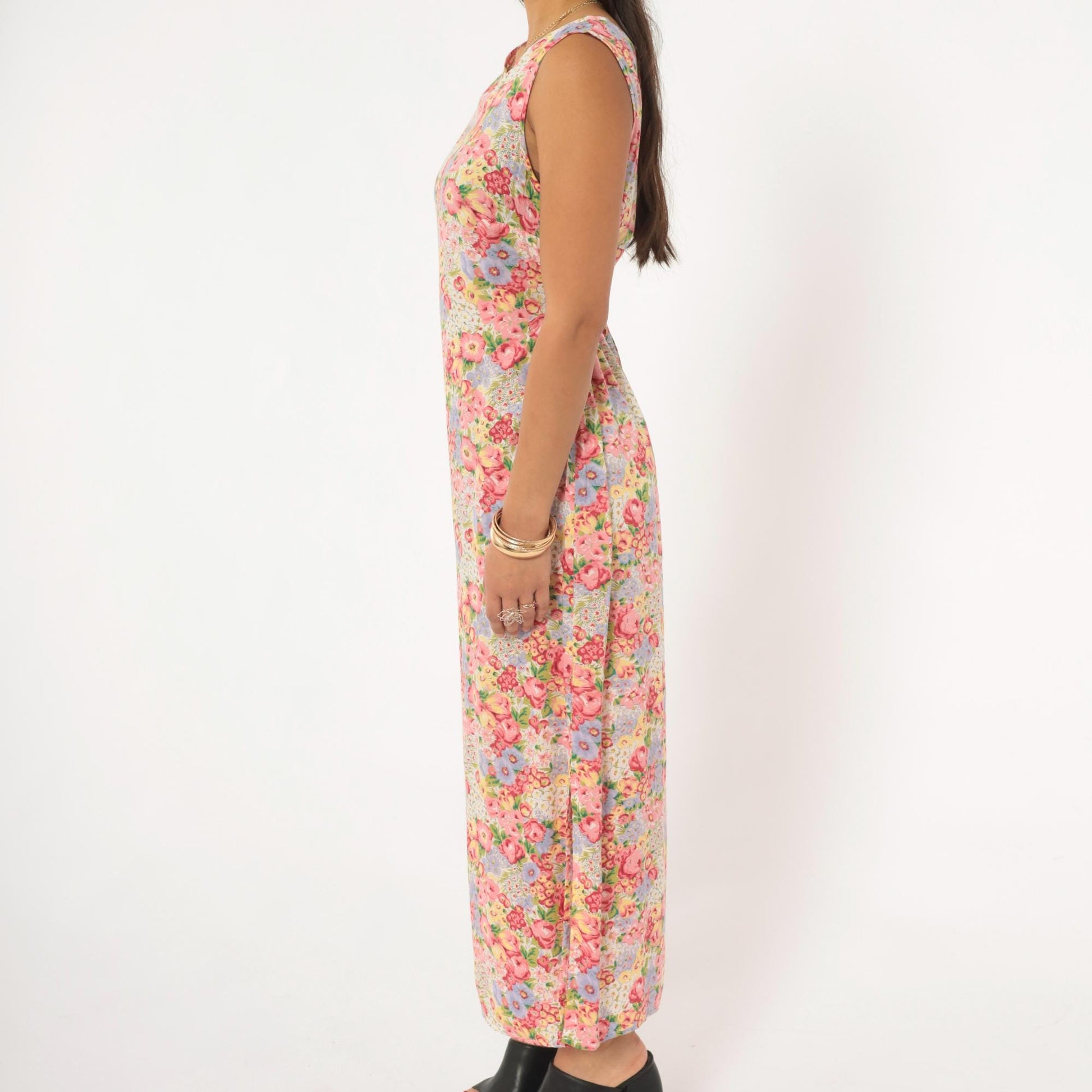 90s Casual Corner Annex Floral Maxi Dress Pink Garden Print Tie Back Small