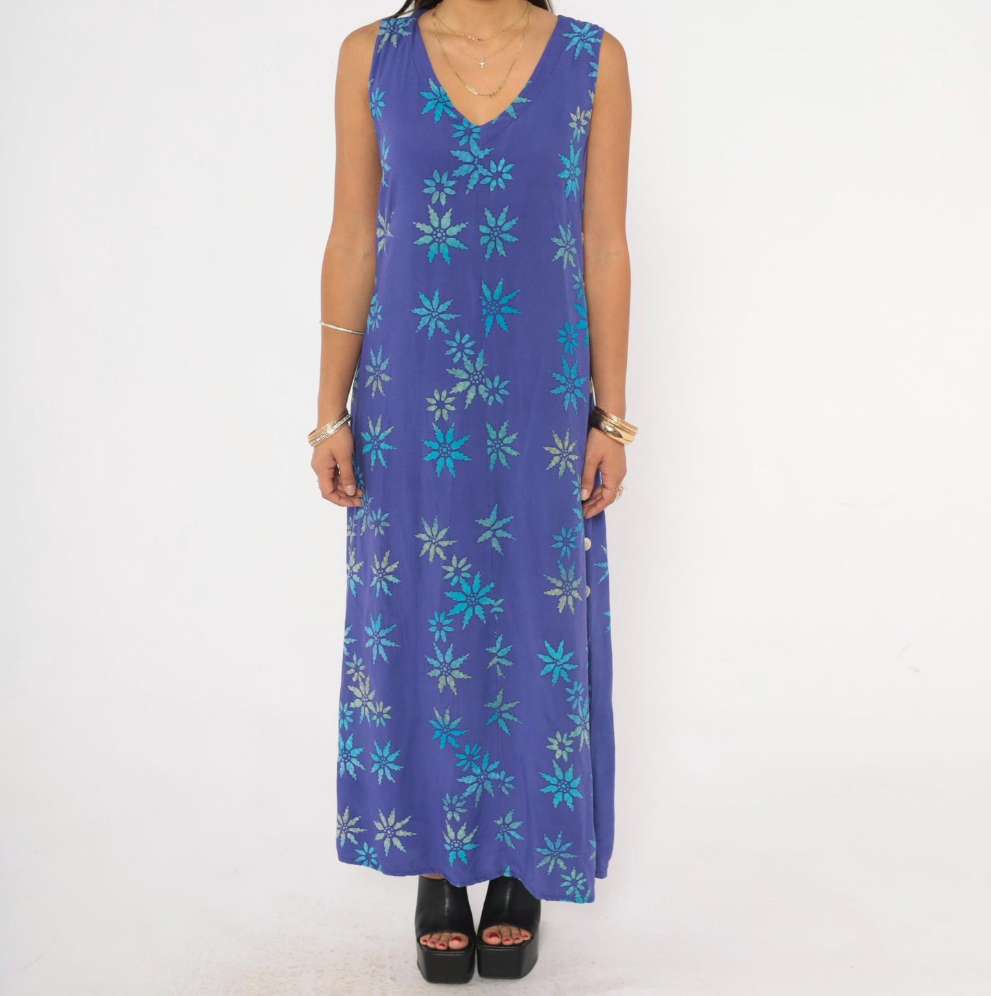 90s Temptation Batik Maxi Dress Purple Teal Starburst Floral Sleeveless Medium