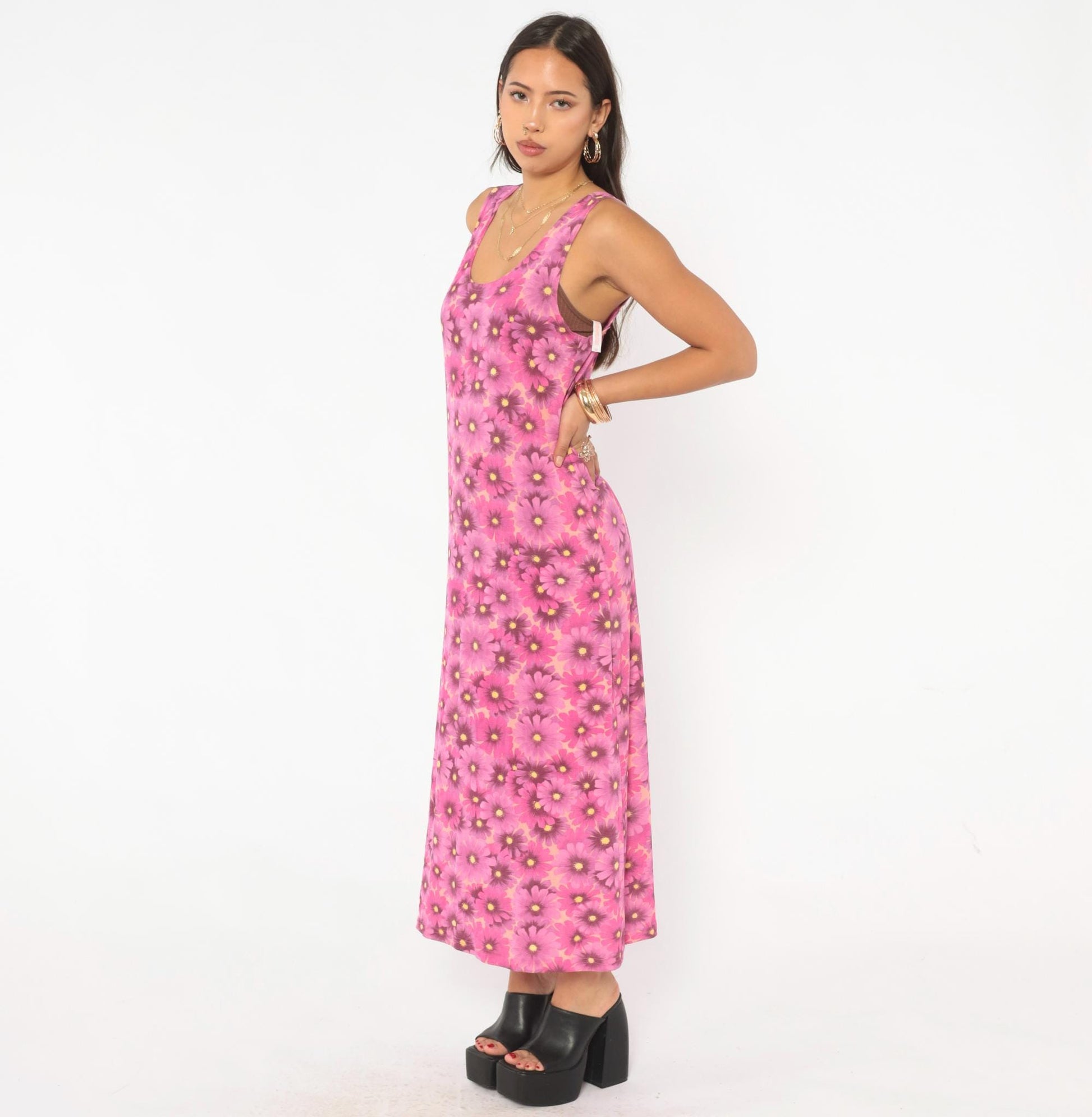 90s Pacific Palm Pink Floral Maxi Dress Daisy Tank Scoop Neck Medium M