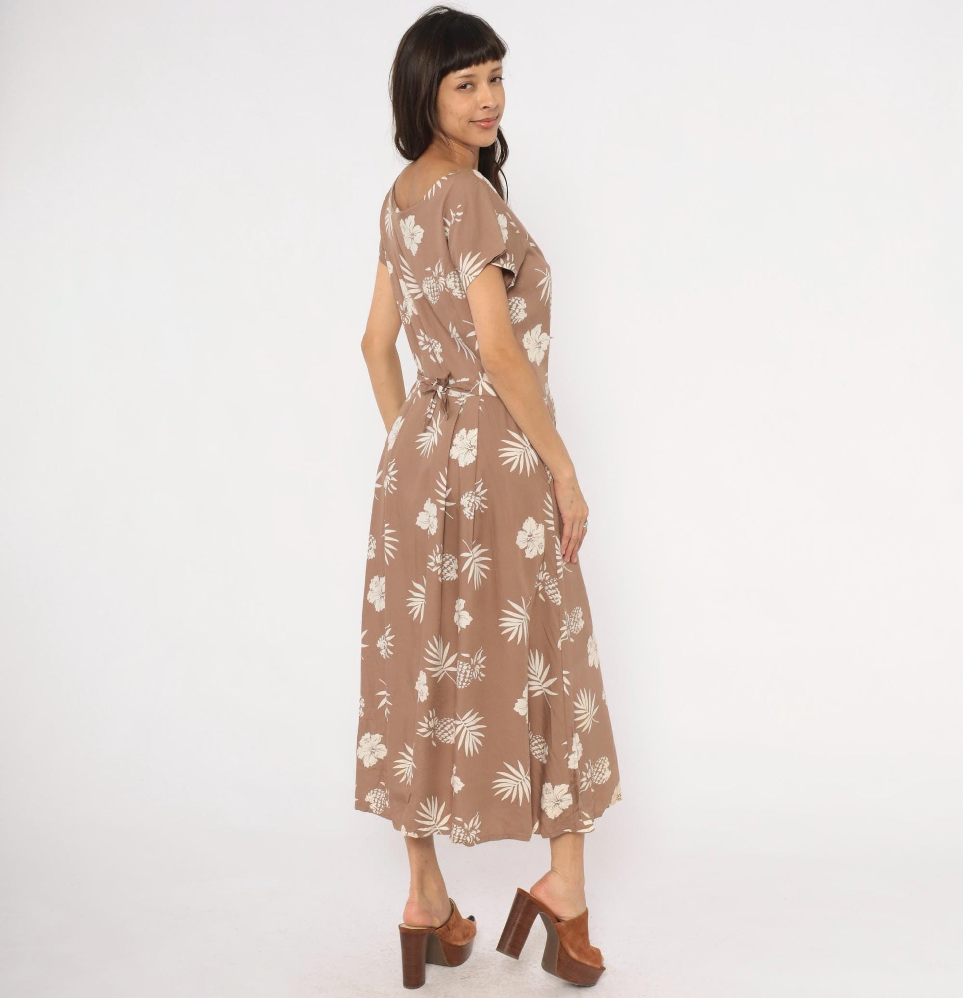 80s Apart Tropical Hibiscus Maxi Dress Tan Cream Cap Sleeve Medium M