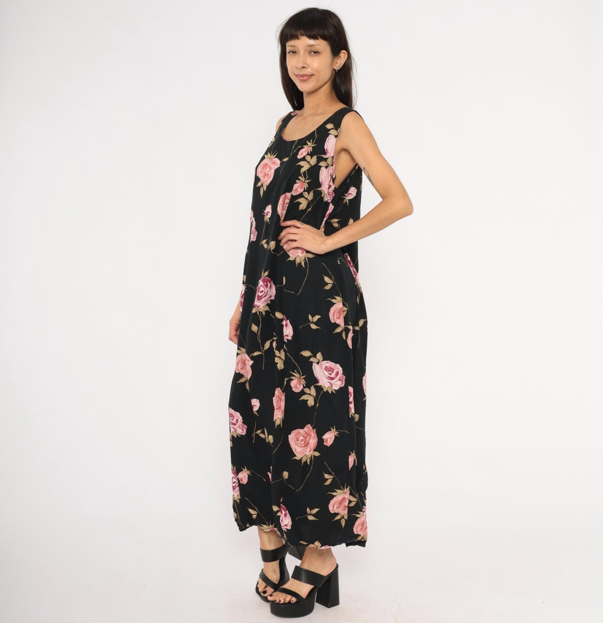90s Jodi Michaels Rose Print Maxi Dress Black Pink Sleeveless Large L