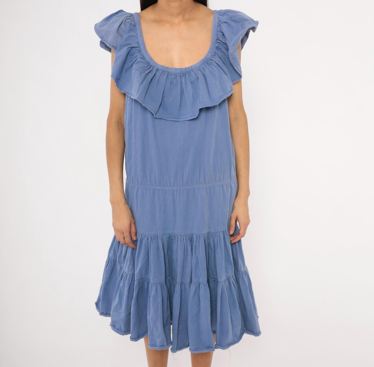 80s Jb Periwinkle Cotton Sundress Tiered Ruffle Midi Powder Blue Large L