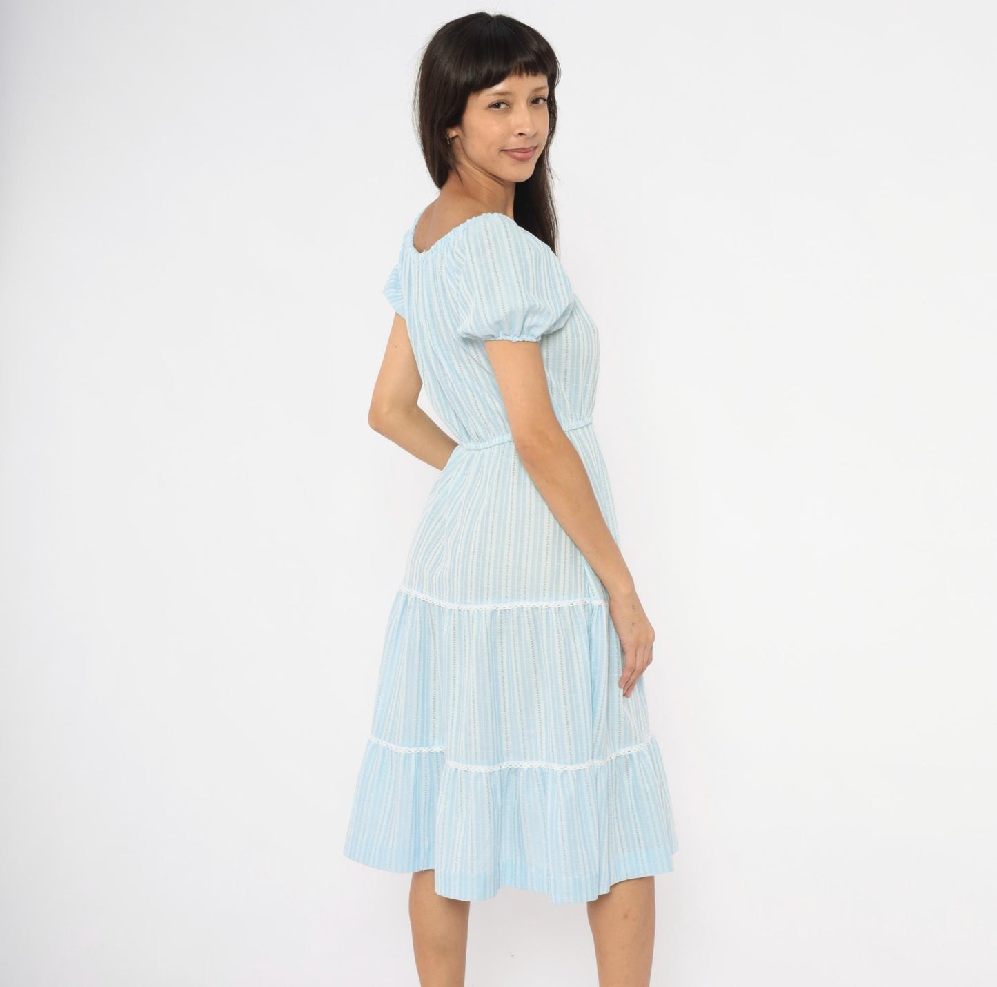 70s Sky Blue Striped Peasant Dress Puff Sleeve Tiered Skirt Lace Trim Medium M