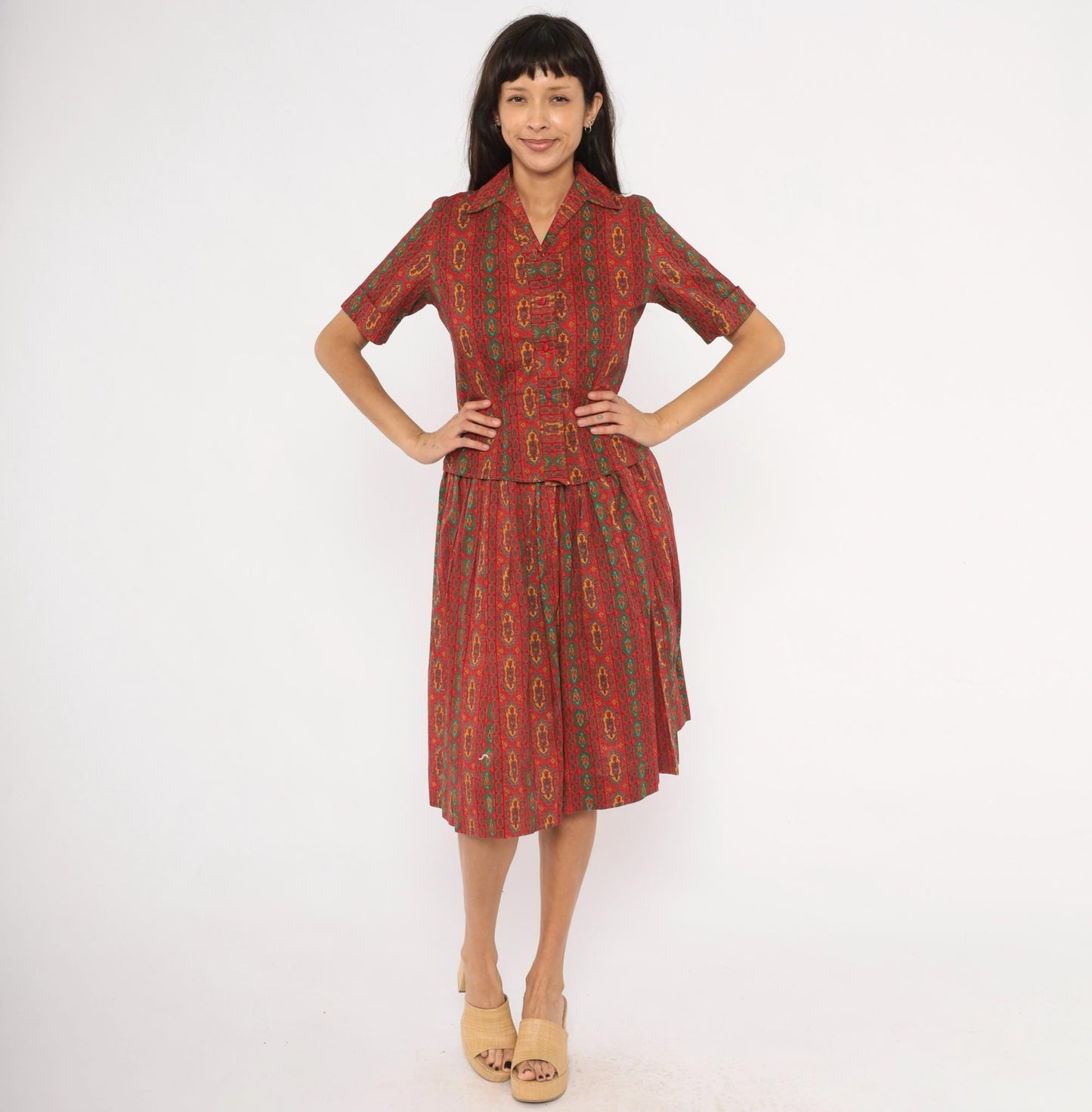 60s Medallion Print Two Piece Set Red Green Cotton Blouse Pleated Skirt Small