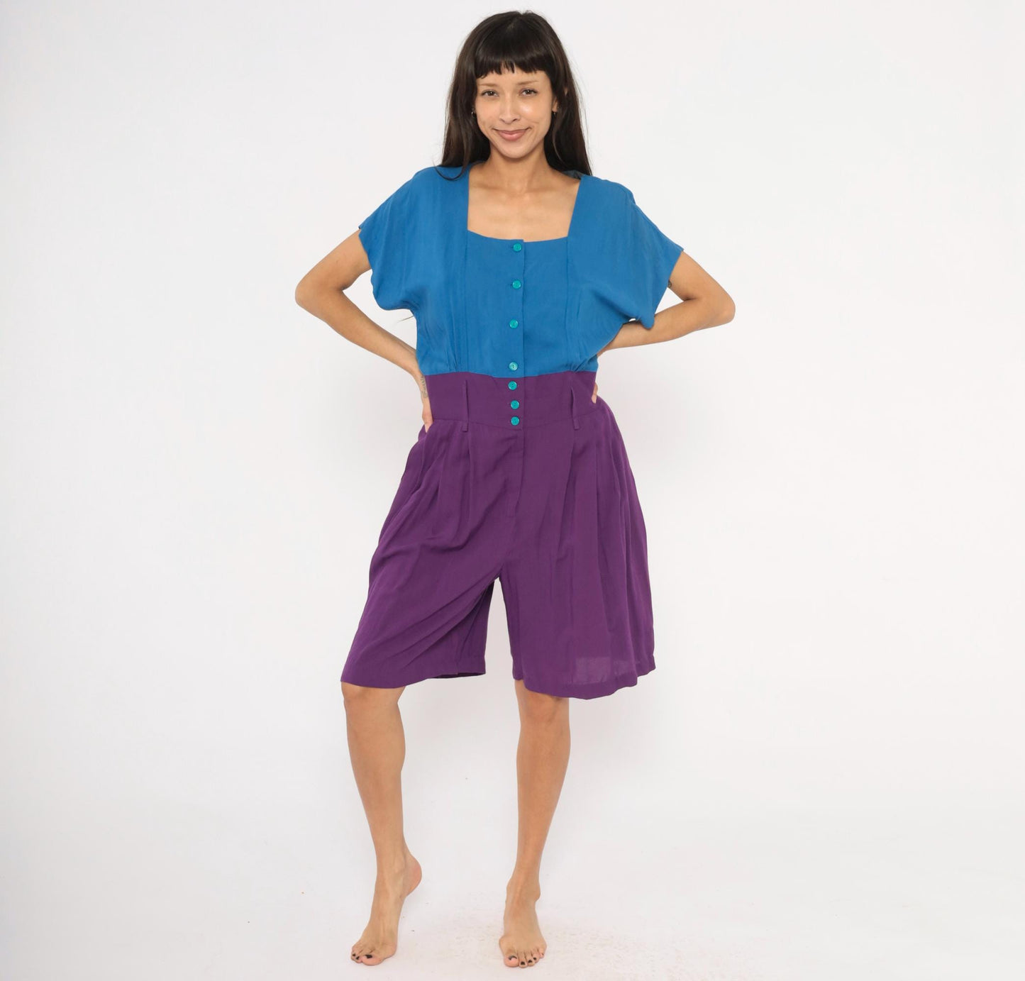 90s Rabbit Jr Color Block Romper Cobalt Blue Plum Purple Medium M