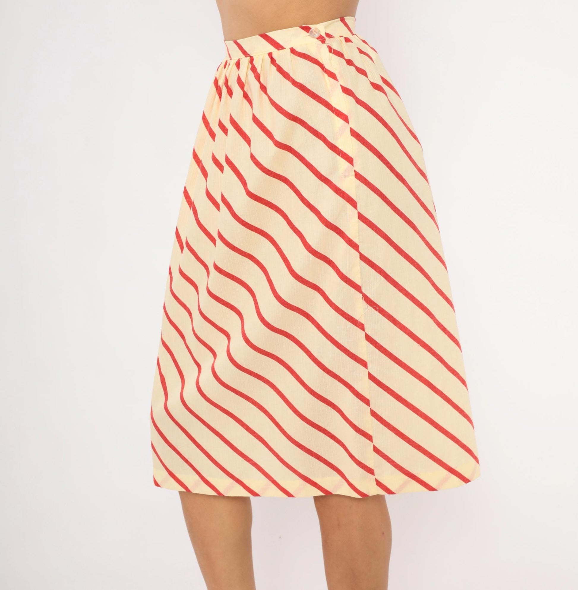 60s Bryn Mawr Diagonal Stripe A-Line Skirt Red Cream Knee Length Extra Small XS