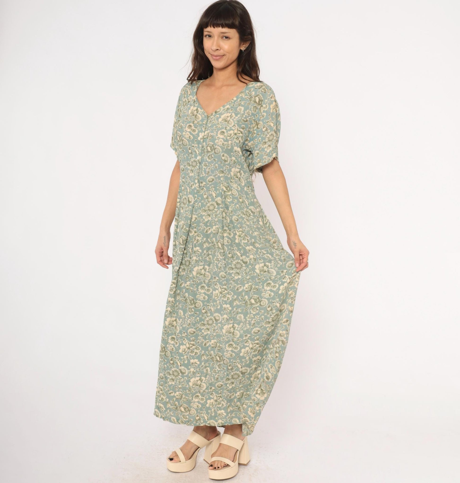 90s April Cornell Floral Maxi Dress Teal Cream V-Neck Short Sleeve Large L