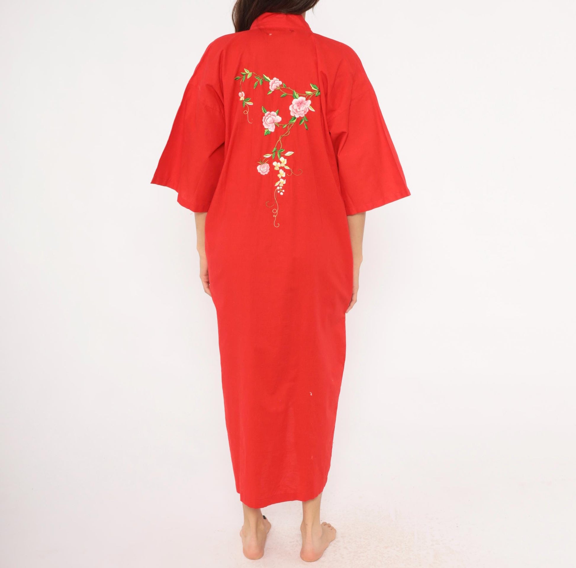 90s Peacock Red Kimono Robe Embroidered Floral Cotton Maxi Unisex Small