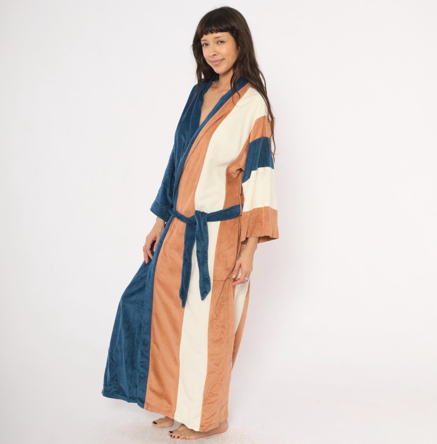 80s JCPenney Velour Kimono Robe Colorblock Navy Copper Cream One Size