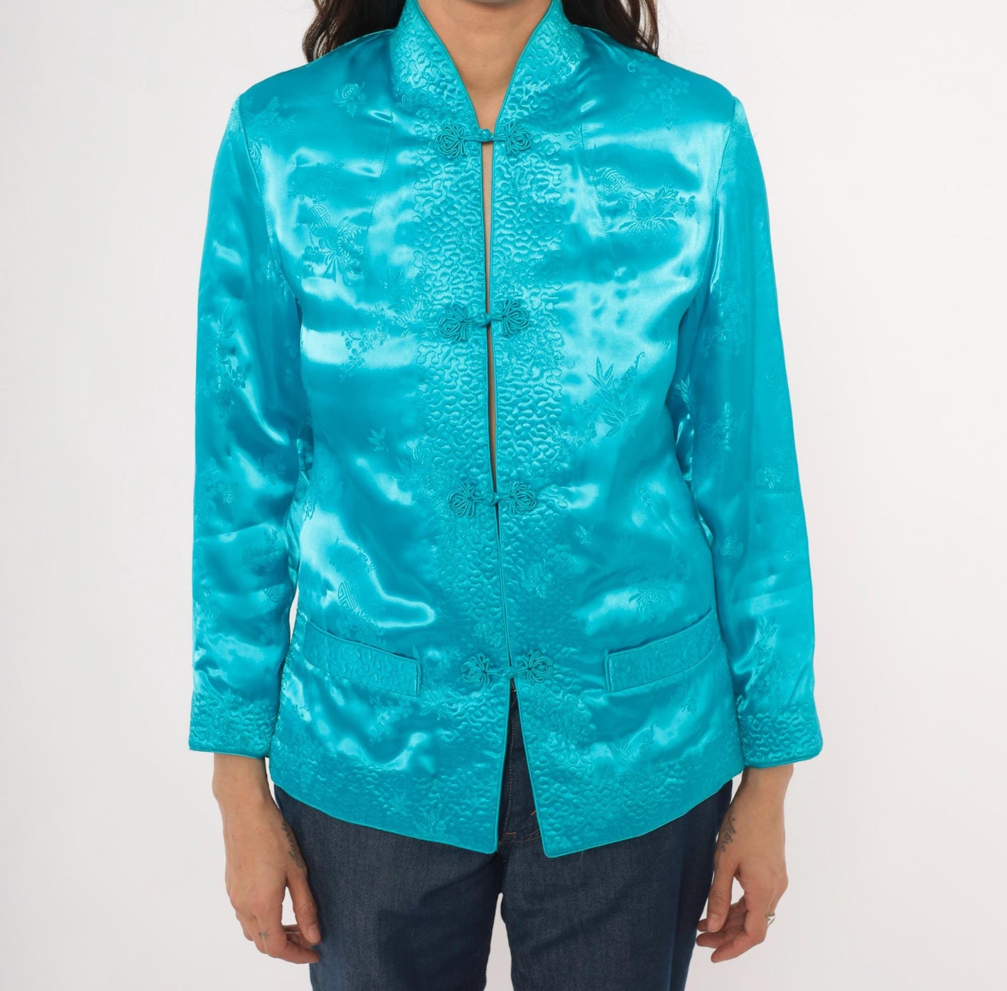 80s Peony Turquoise Silk Jacket Mandarin Collar Frog Button Floral Brocade Small S