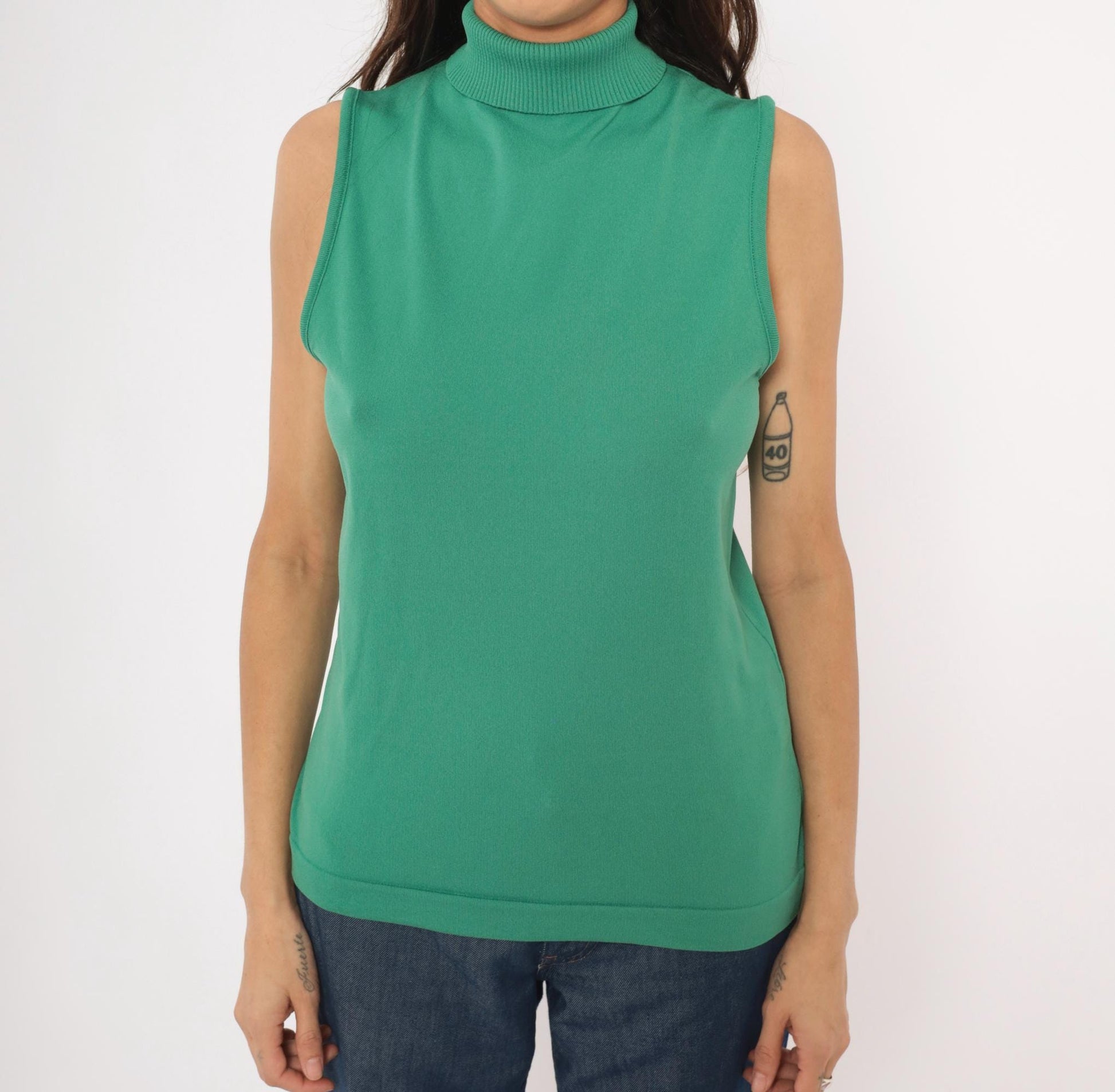 70s Sage Green Sleeveless Mock Neck Knit Tank Top Ribbed Shell Medium Large
