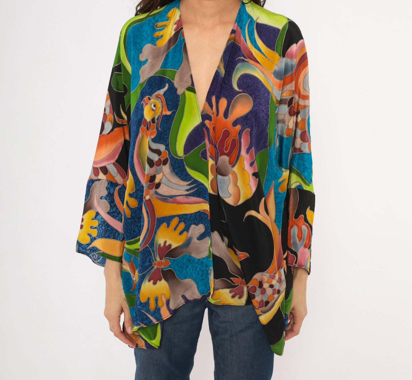 2000s Deeva Silk Kimono Jacket Multicolor Bird Floral Abstract One Size