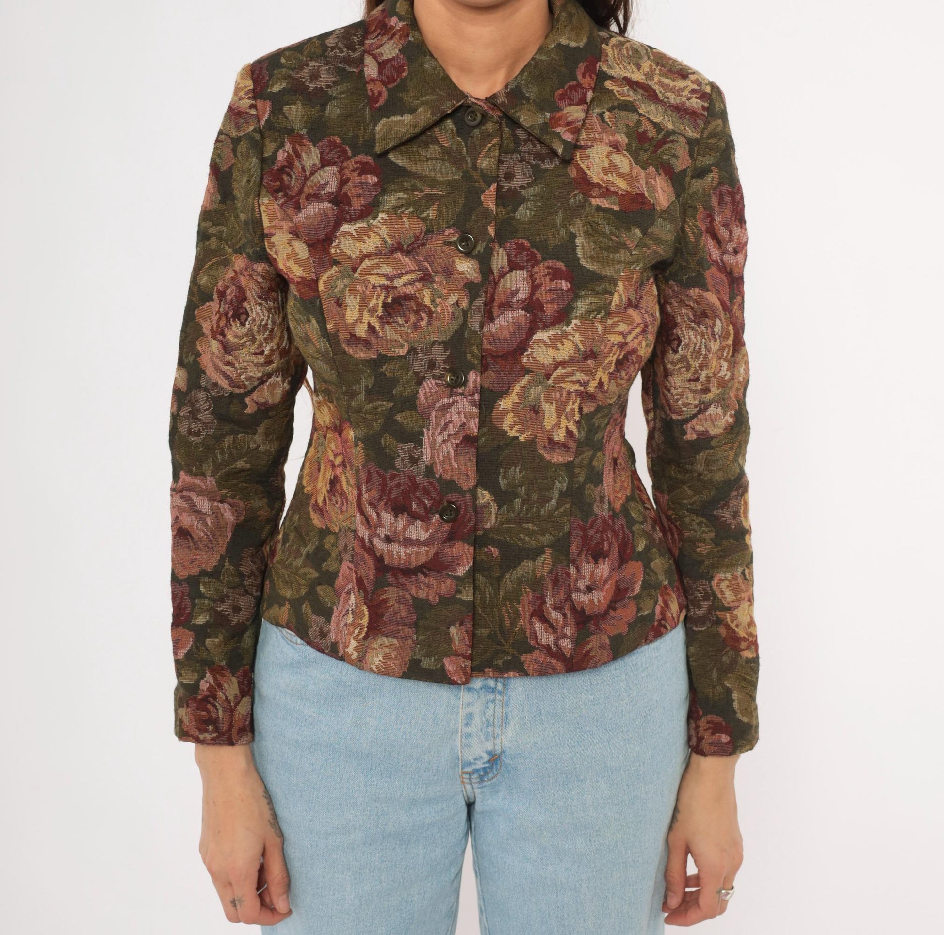 90s Jessica Howard Floral Tapestry Blazer Olive Burgundy Fitted XS