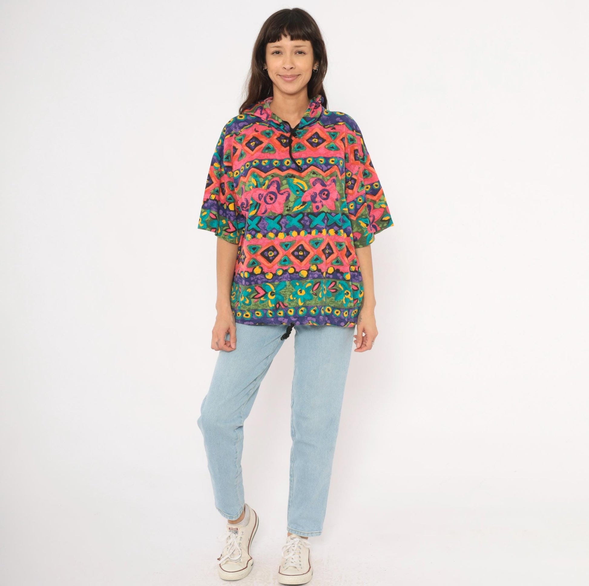 90s Lady John Tribal Hoodie Pink Teal Purple Geometric Floral Pullover One Size