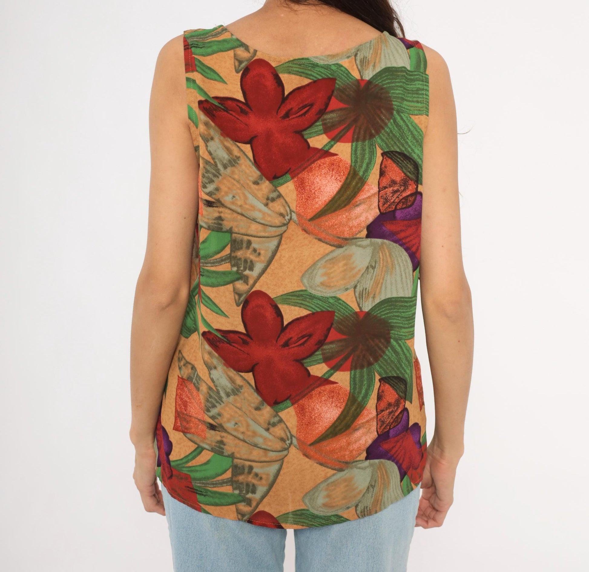 90s Halston Floral Tank Top Tropical Print Sand Medium Large
