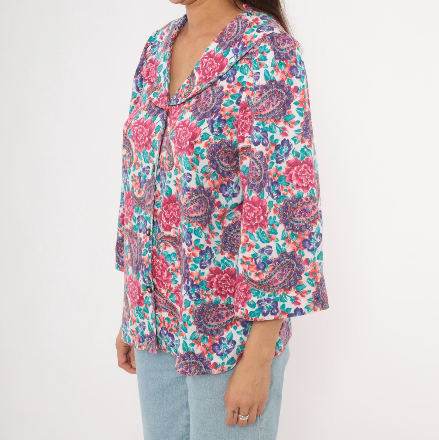 90s Worthington Floral Paisley Blouse Pink Teal Purple Three Quarter Sleeve Large L