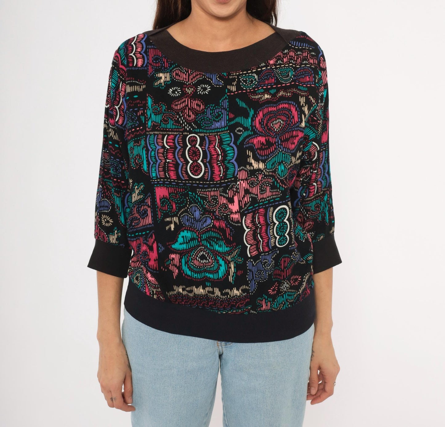 90s Abstract Pullover Blouse Boat Neck Teal Pink Black Graphic Medium M