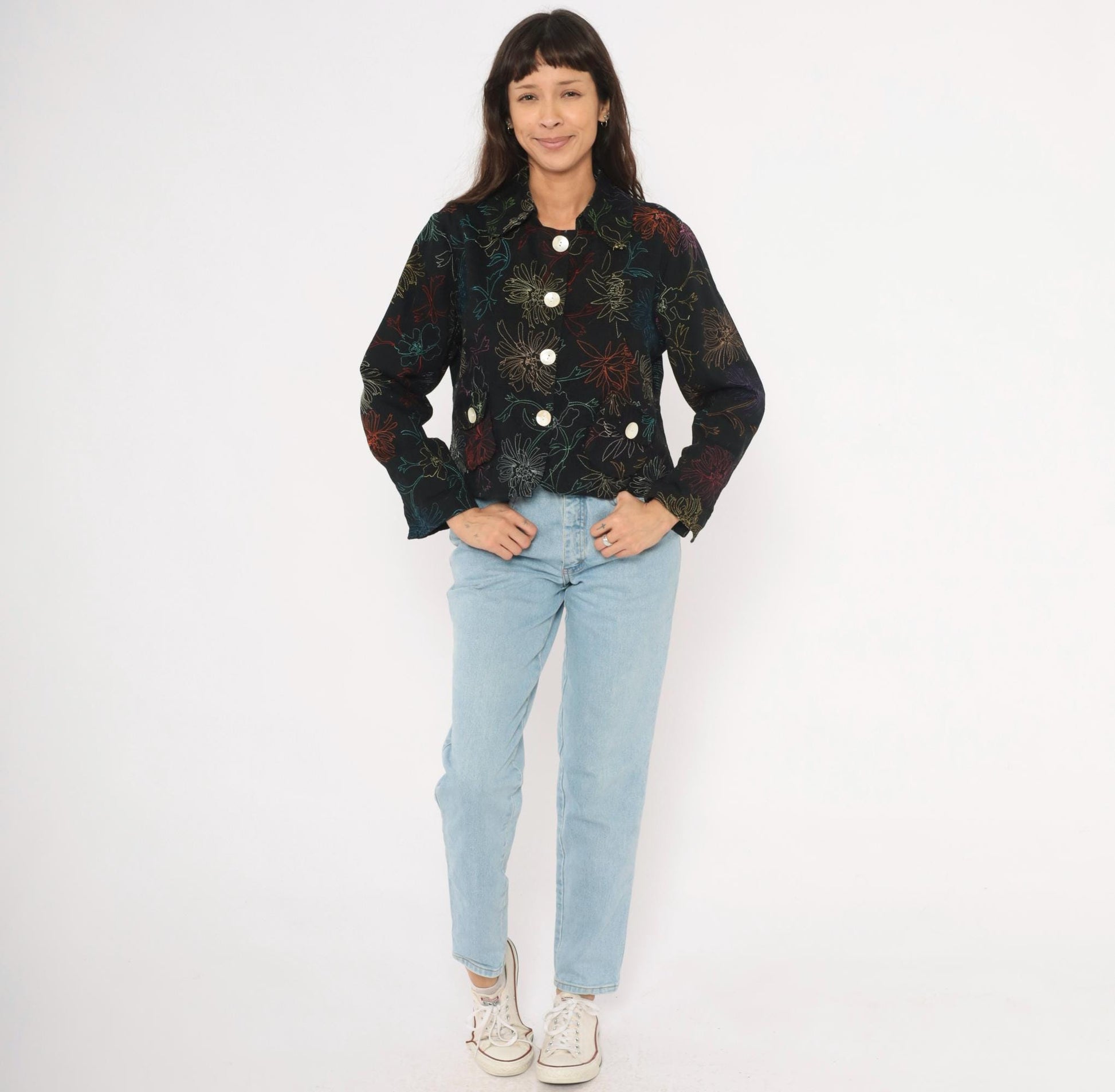 2000s Alex Kim Black Cropped Jacket Multicolor Floral Embroidery Large L