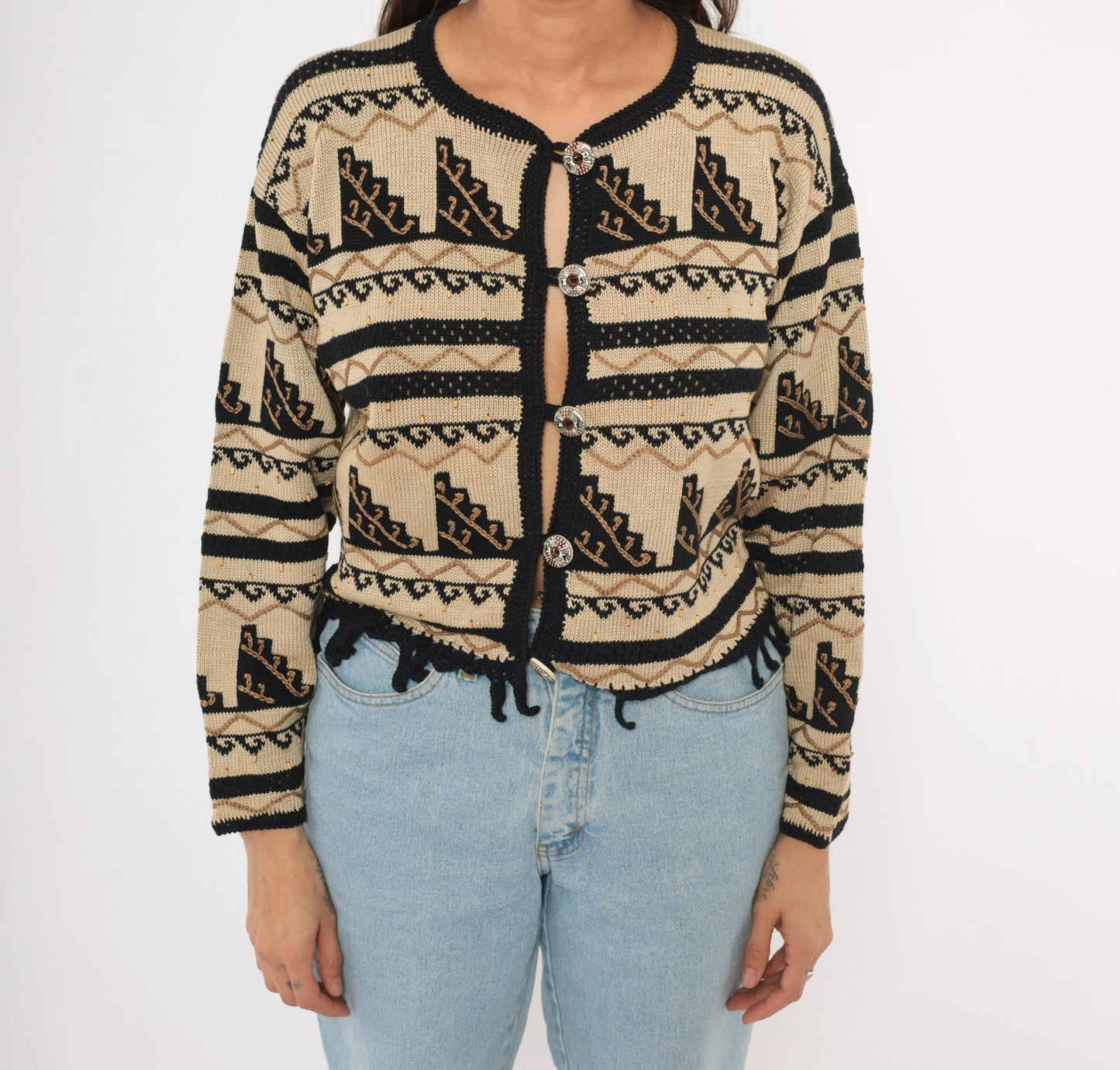 2000s Peruvian Connection Cardigan Cream Black Geometric Fringe Pima Cotton Medium M