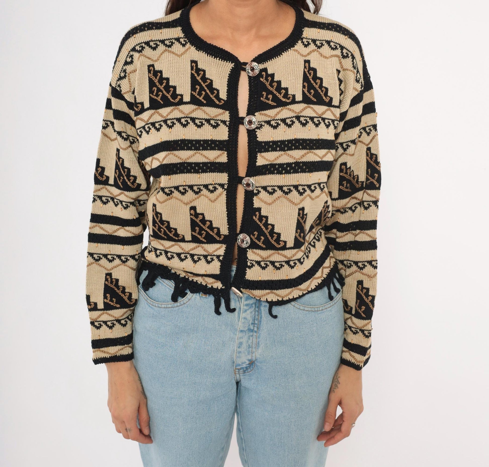 2000s Peruvian Connection Cardigan Cream Black Geometric Fringe Pima Cotton Medium M