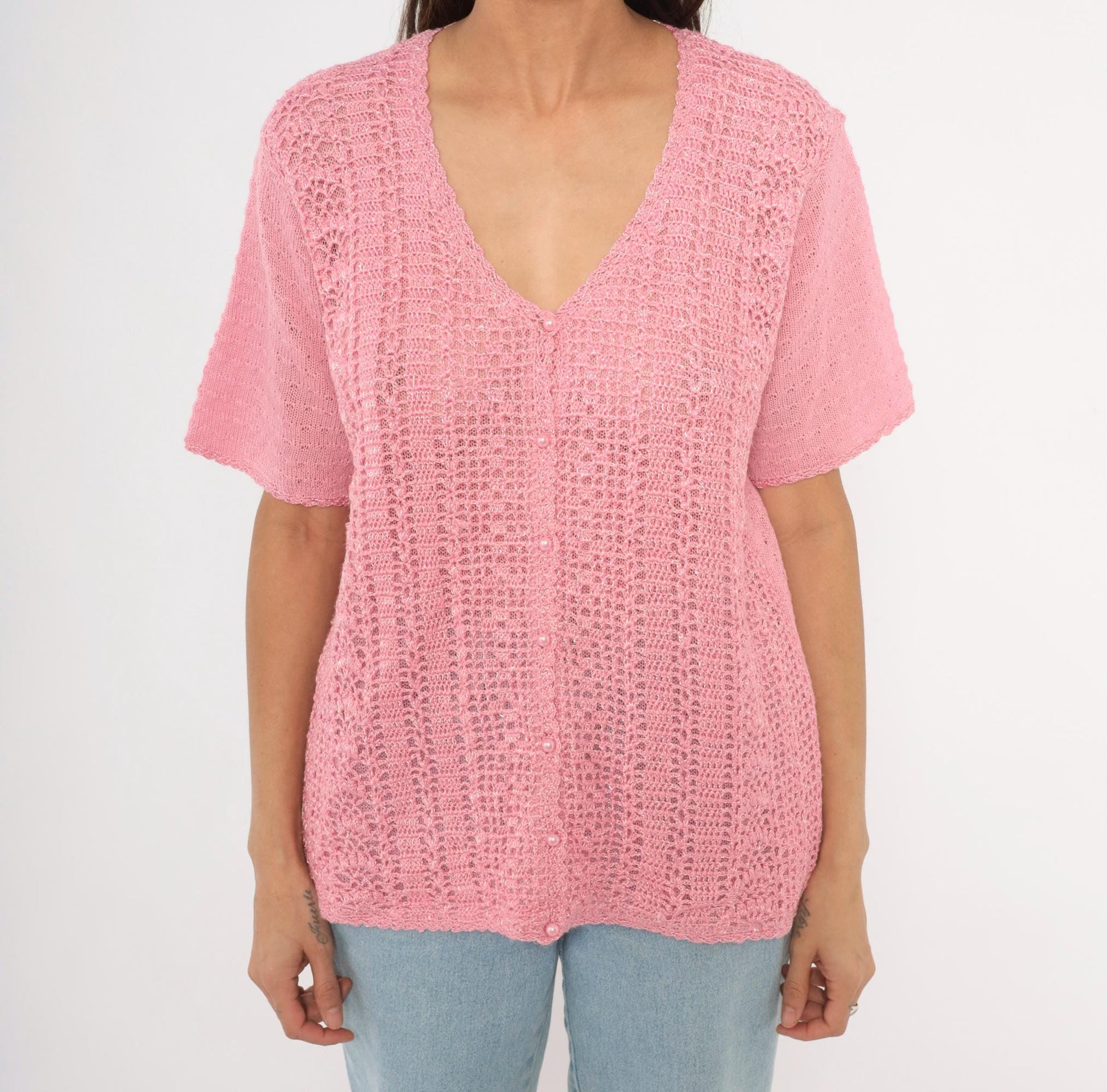 90s Jaclyn Smith Pink Crochet Cardigan V-Neck Scalloped Hem Large L