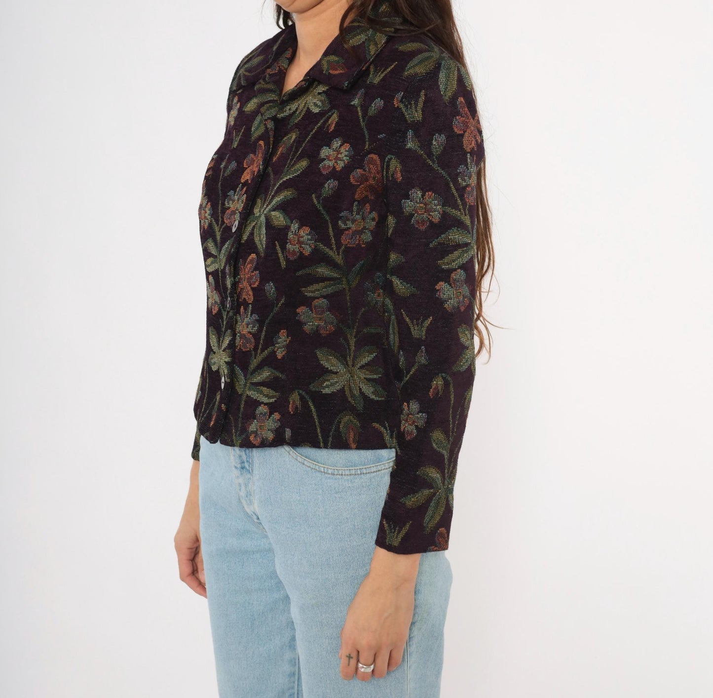 90s Jessica Howard Floral Tapestry Blazer Plum Botanical Woven Cropped Small S