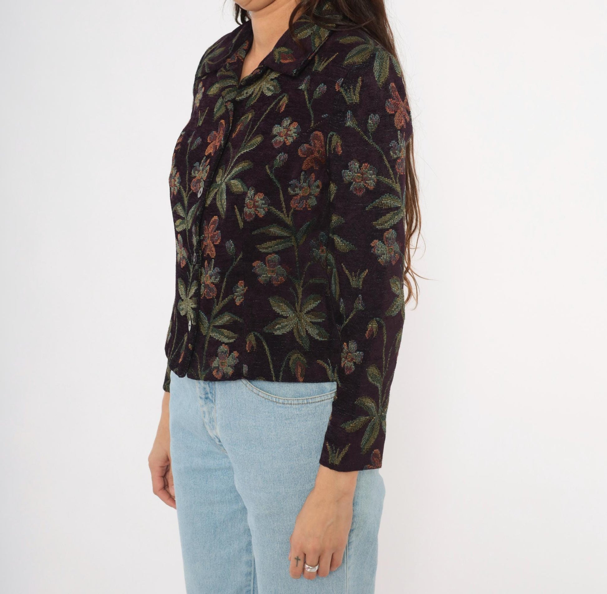 90s Jessica Howard Floral Tapestry Blazer Plum Botanical Woven Cropped Small S