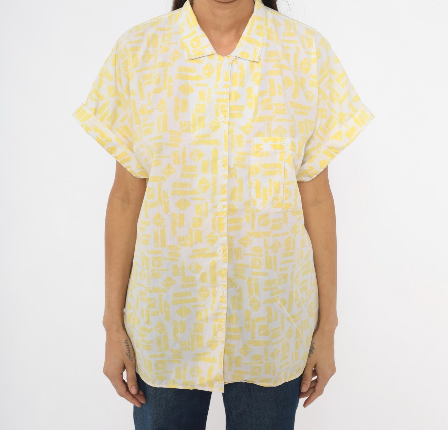 90s Golden Wings Abstract Geometric Shirt Yellow White Collared Blouse Large L