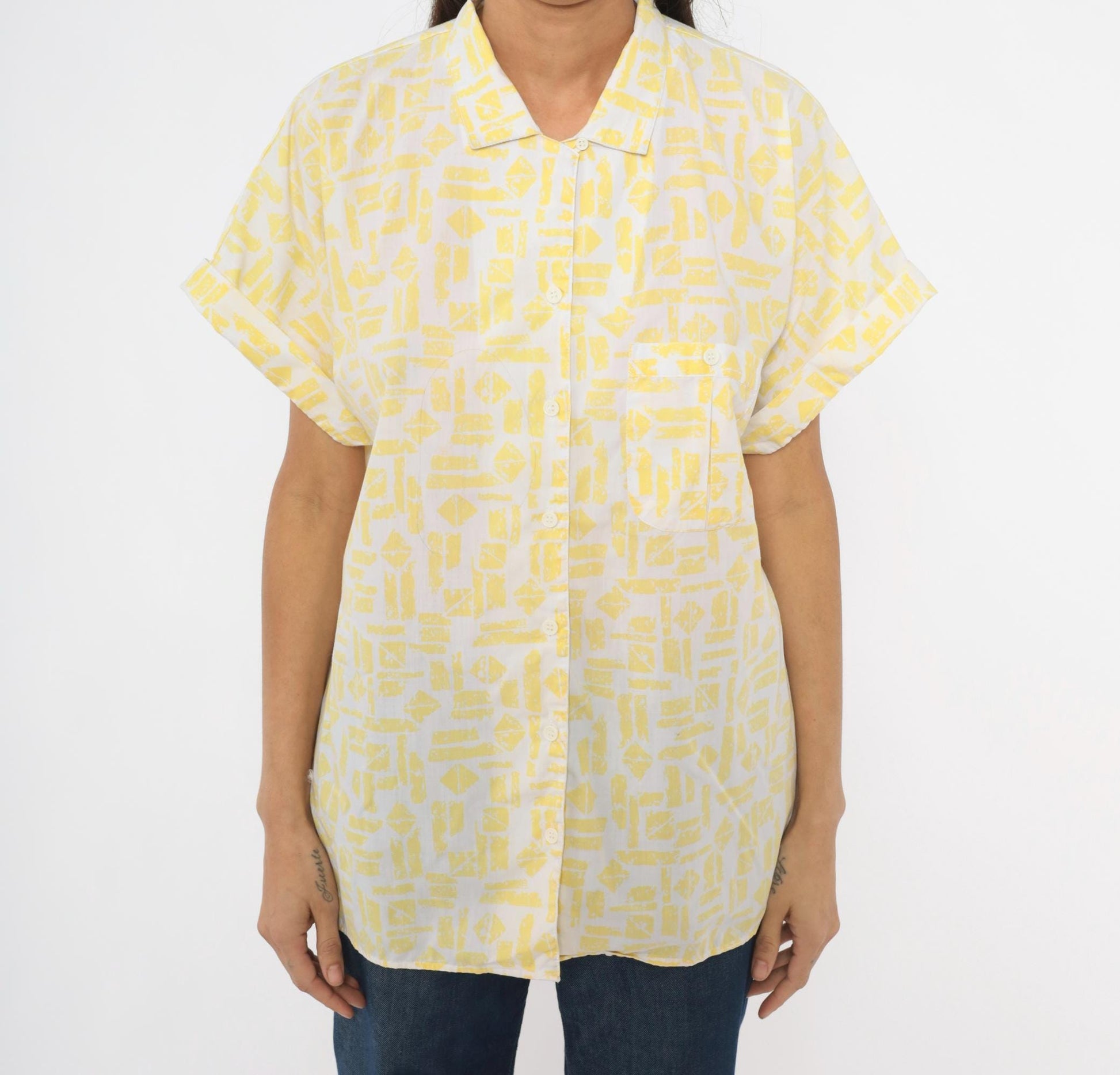 90s Golden Wings Abstract Geometric Shirt Yellow White Collared Blouse Large L