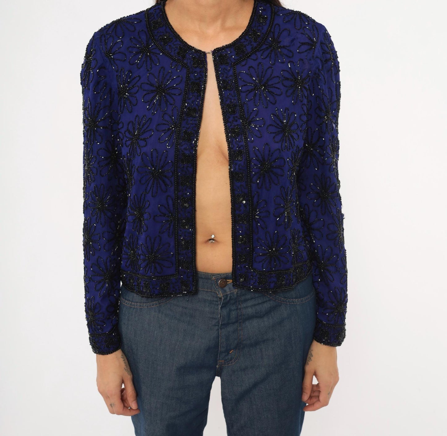 90s Stenay Silk Cropped Jacket Navy Beaded Floral Sequin Small