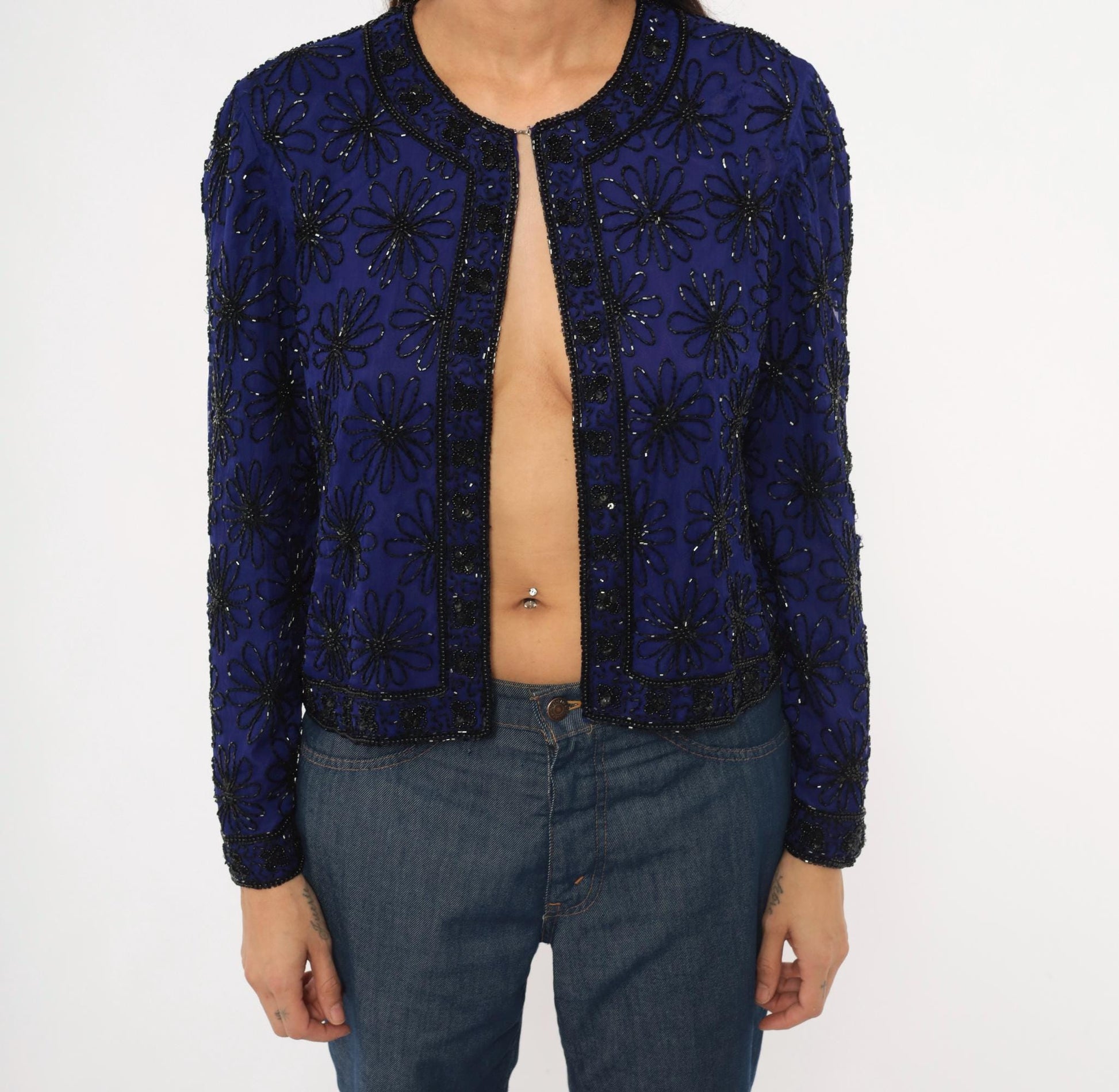 90s Stenay Silk Cropped Jacket Navy Beaded Floral Sequin Small