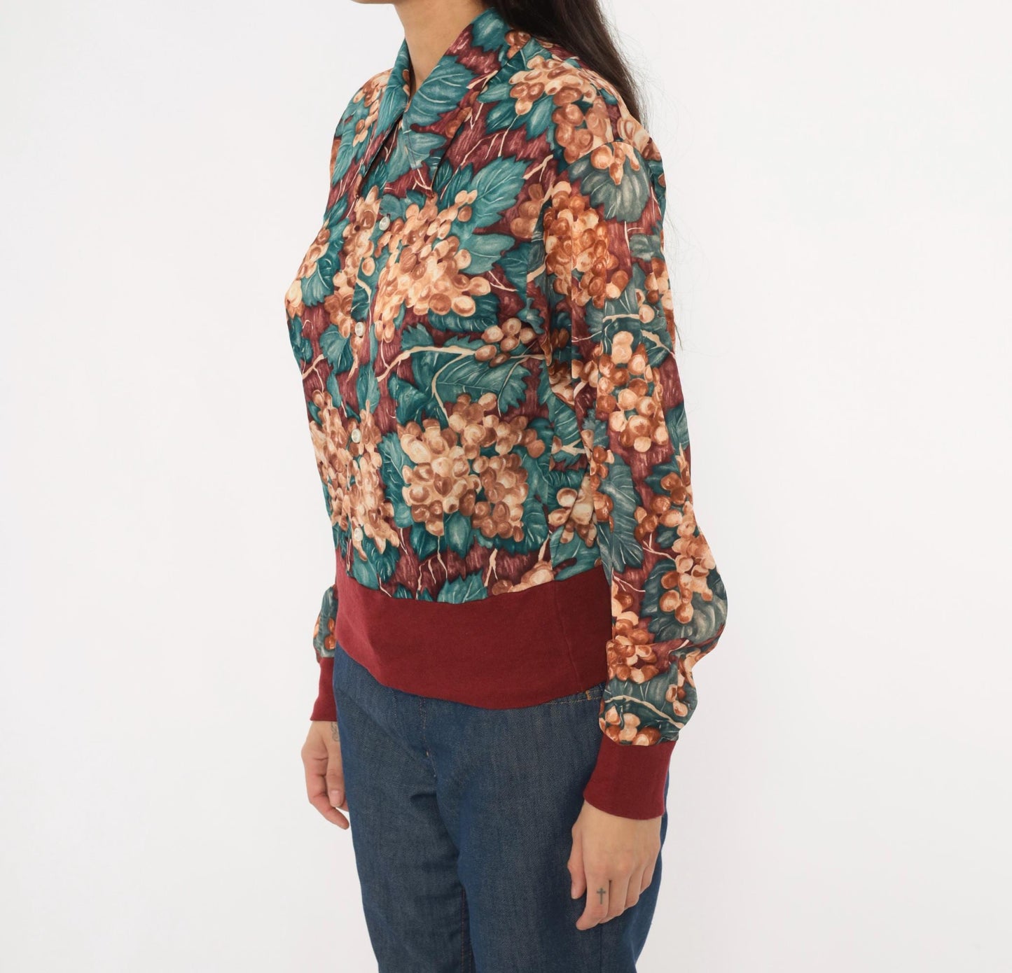 70s Grape Vine Button Blouse Burgundy Teal Pointed Collar Long Sleeve Medium