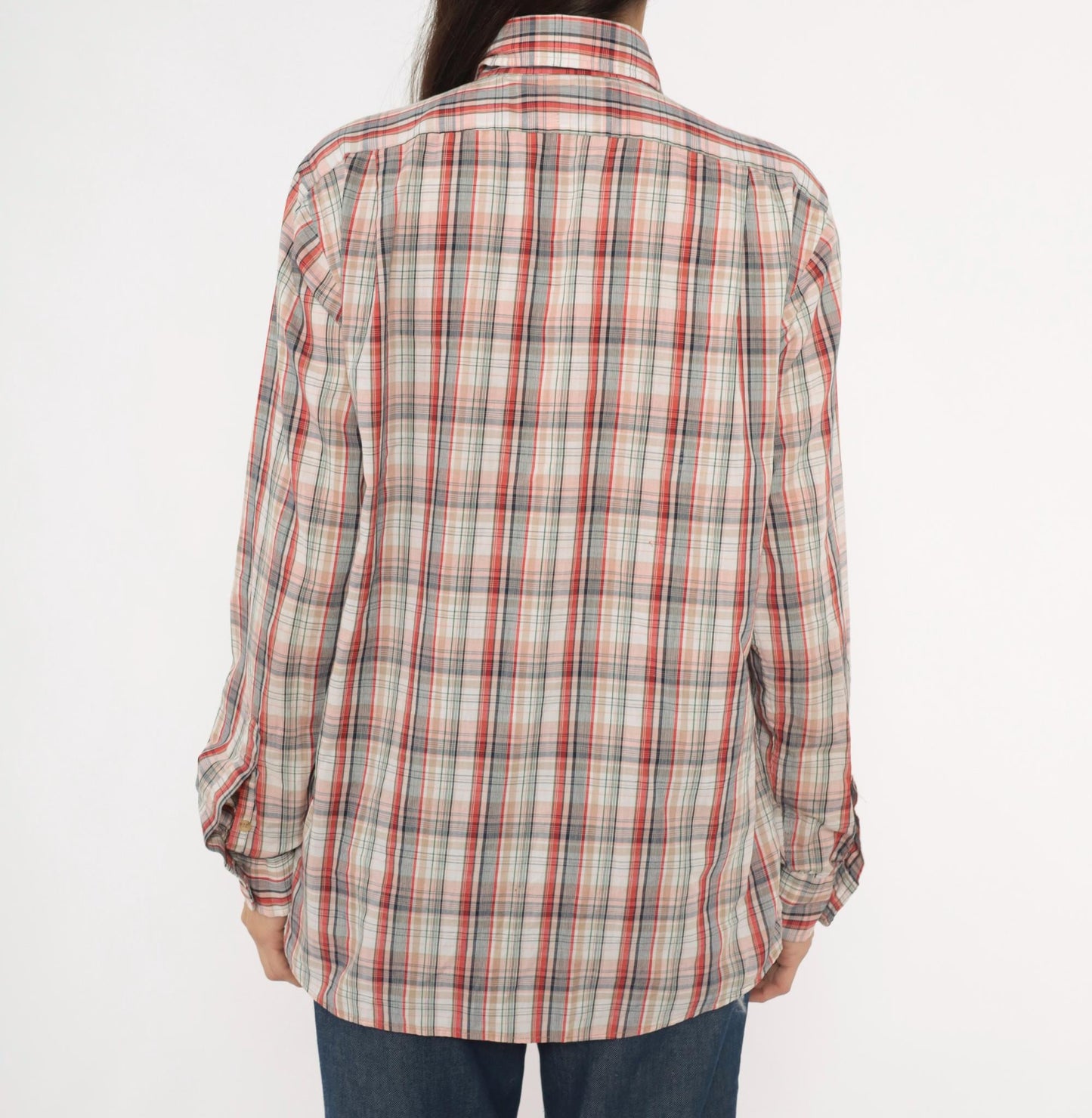 80s New York Sportswear Exchange Plaid Button-Up Shirt Cream Burgundy Medium